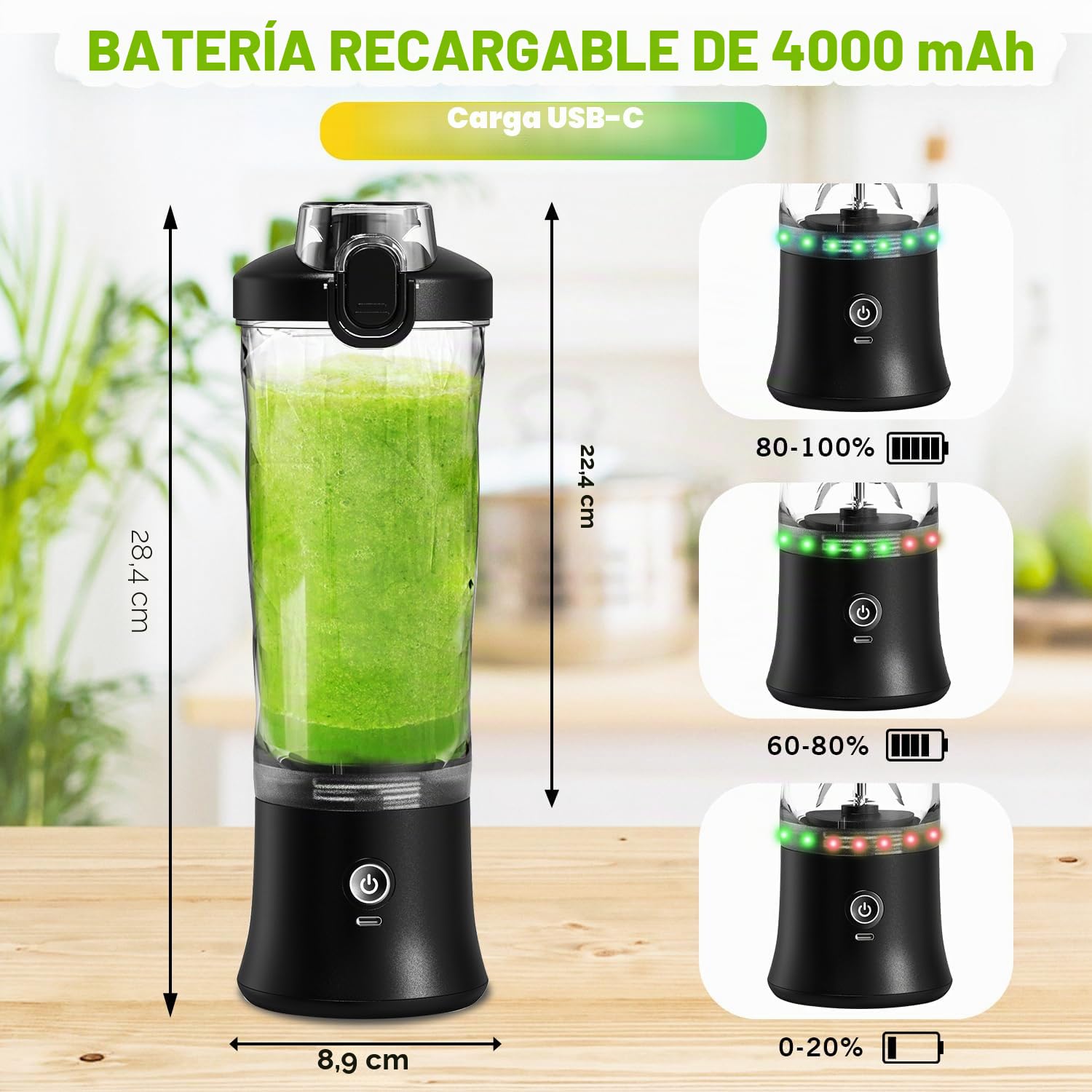 Batidora portátil personal exprimidor para batidos y licuados - Botella eléctrica de 591 ml para proteínas con funda aislante, tapa de viaje, recargable por USB-C - Mini taza de licuadora pequeña para