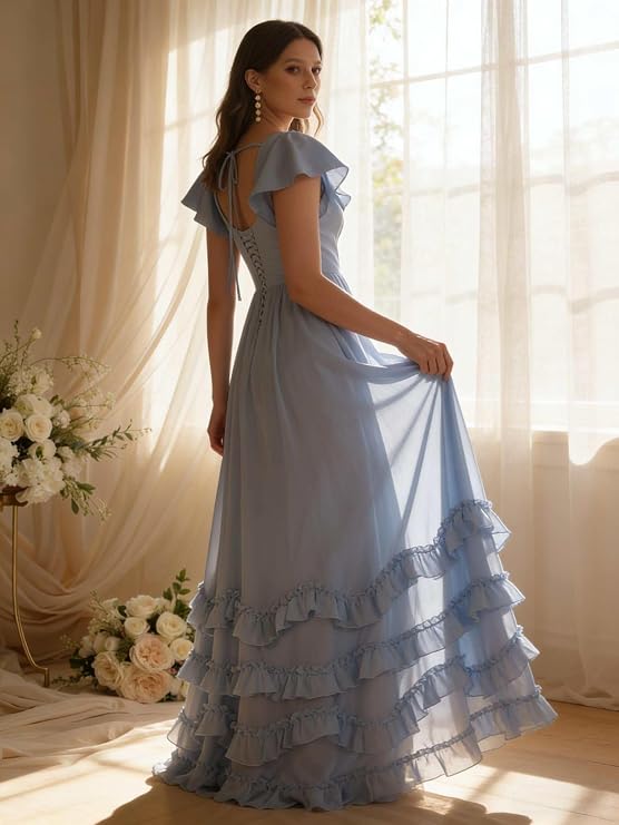 Tiered Chiffon Bridesmaid Dresses for Women with Slit Square Neck A Line Long Formal Maxi Dress