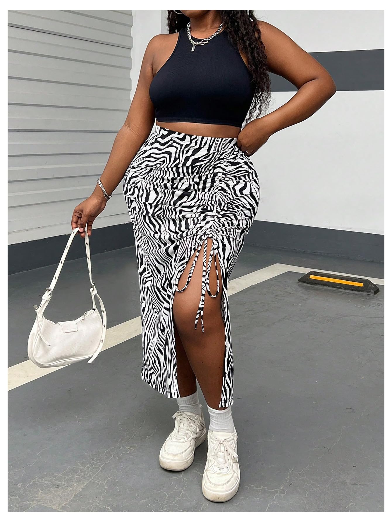 WDIRARA Women's Plus Size Checkered Ruched Midi Skirt High Waist Split Thigh Pencil Skirts: 3X-Large Plus Black Zebra