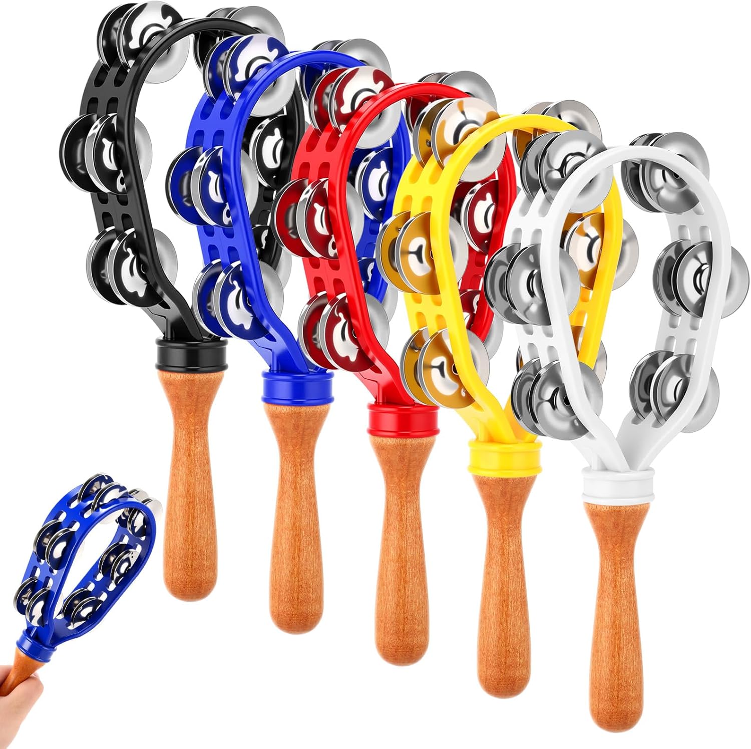 Boao 5 Pack 12 Inch Hand Held Tambourine for Adults Colorful Double Row Metal Jingles Tambourine Musical Instrument Percussion with Ergonomic Wooden Handle Grip Tambourines for Adults Church Party