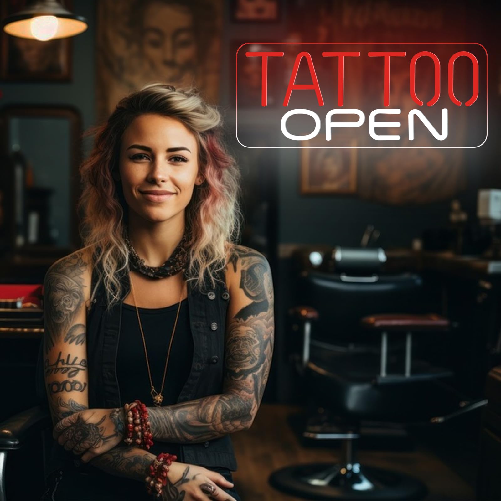 TATTOO OPEN Cartel de neón para decoración de pared, luz LED de neón regulable para salones de tatuaje, llamativo letrero de neón para bares, pubs, hoteles, salas de hombres, salas de ocio y salas de