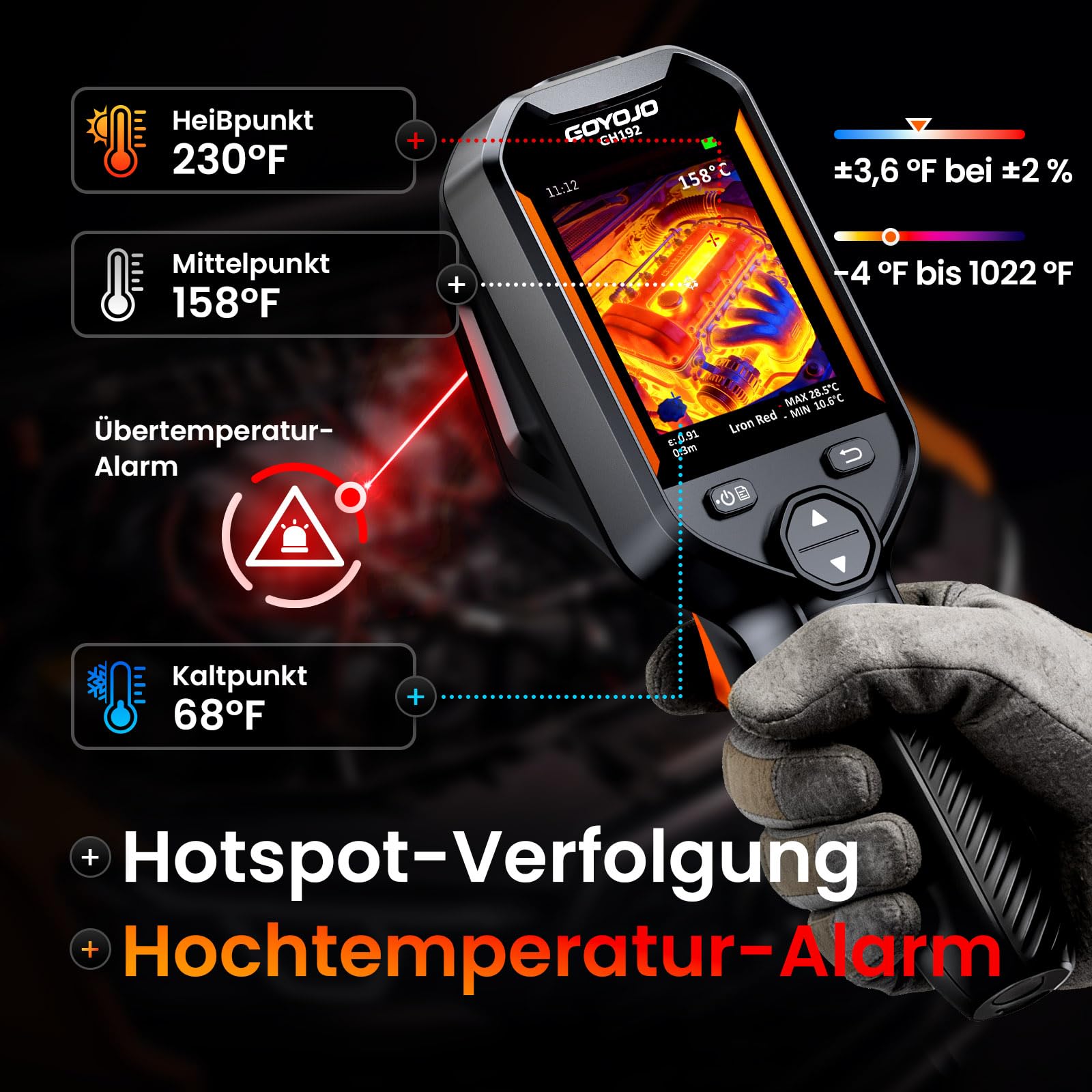 GOYOJO Wärmebildkamera 240×240 IR-Auflösung, 25Hz Infrarotkamera mit 2MP Sichtkamera, -20°C bis 550°C, Handheld Infrared Camera Thermal Imaging für Hausinspektion, Lecksuche, Elektrik und HVAC