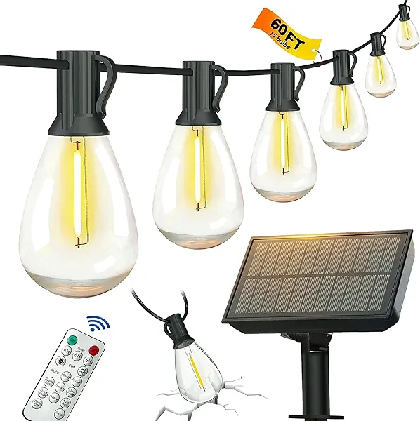 BLIATLUS 60FT Solar String Lights Outdoor Waterproof with Remote Control Solar Patio Lights 15+2 shatterproof LED Bulbs for Porch Garden Market Bistro Patio Backyard Fence