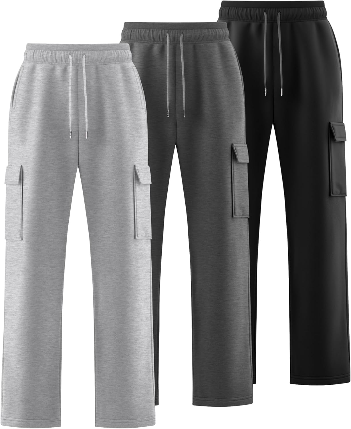 3 Pack Men's Cargo Sweatpants Drawstring Thin Straight Leg Pants Casual Baggy Open Bottom Jogger with Pockets - Image 4