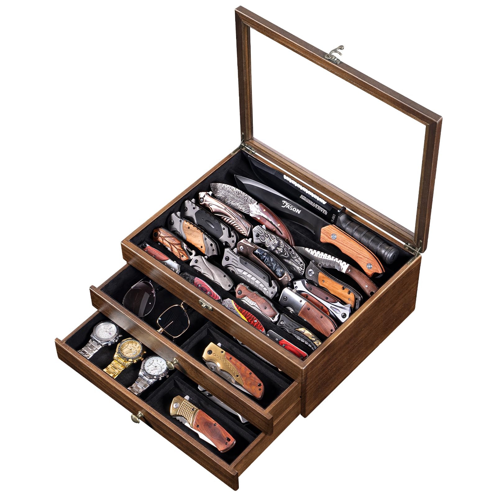 Grande espositore per coltelli, organizer per coltelli tascabili a 3 livelli con coperchio e cassetto trasparenti, per collezioni di coltelli pieghevoli e pugnali, regalo ideale da uomo (noce)
