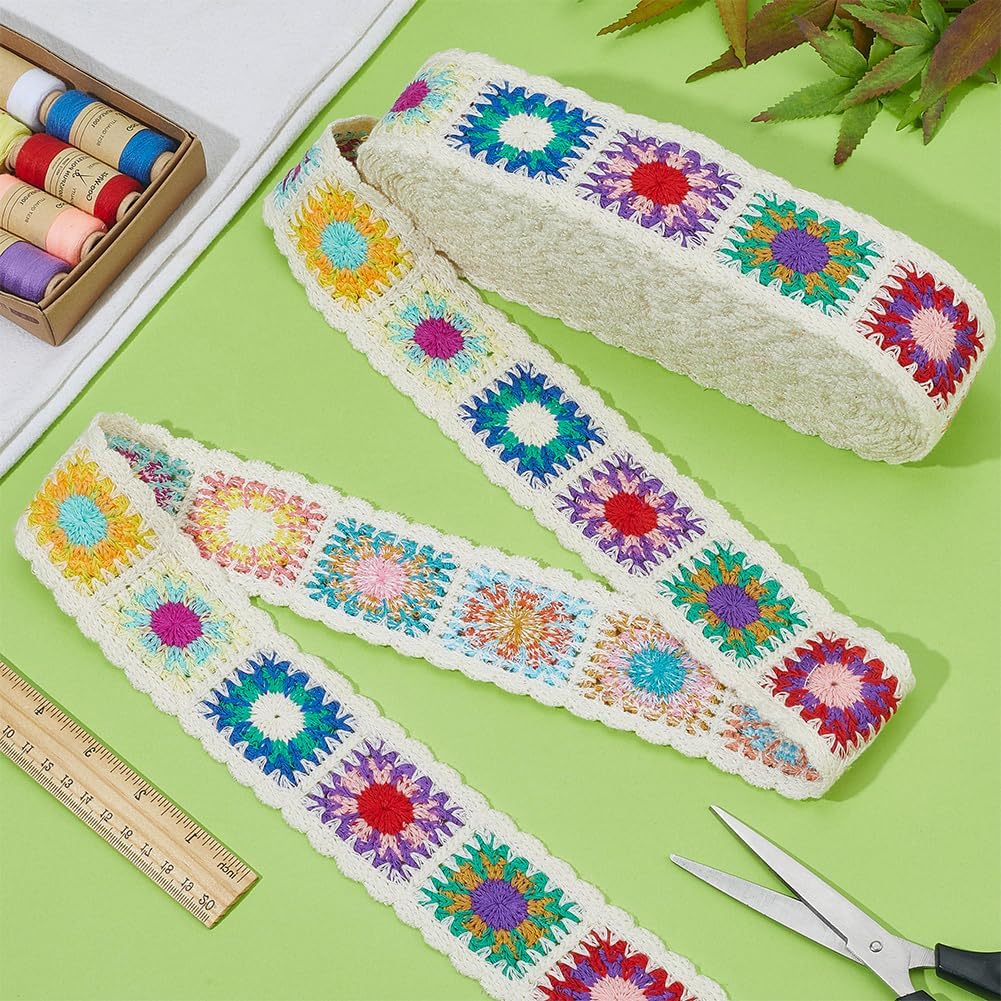 OLYCRAFT 10 Yards Crochet Flower Webbing Straps 2 Inch Beige Ethnic Style Webbing Ribbon Polyester Flower Pattern Woven Trims Jacquard Embroidery Webb Straps for Sewing DIY Craft Bags Home Decoration