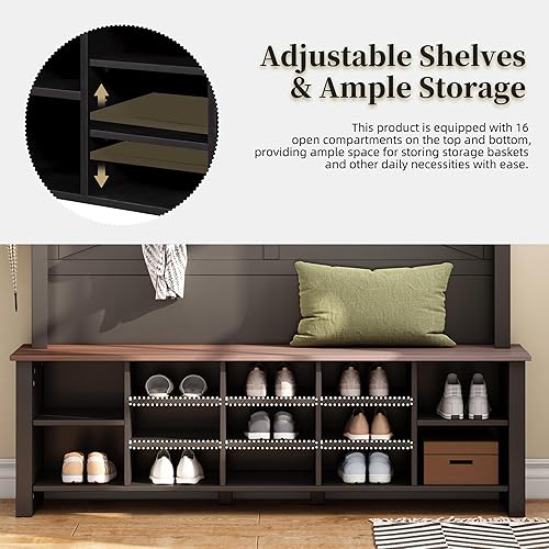 Miniatura 6 de Moderno árbol de pasillo con 4 ganchos, perchero de entrada de madera, banco de almacenamiento integrado con dos estantes superiores de