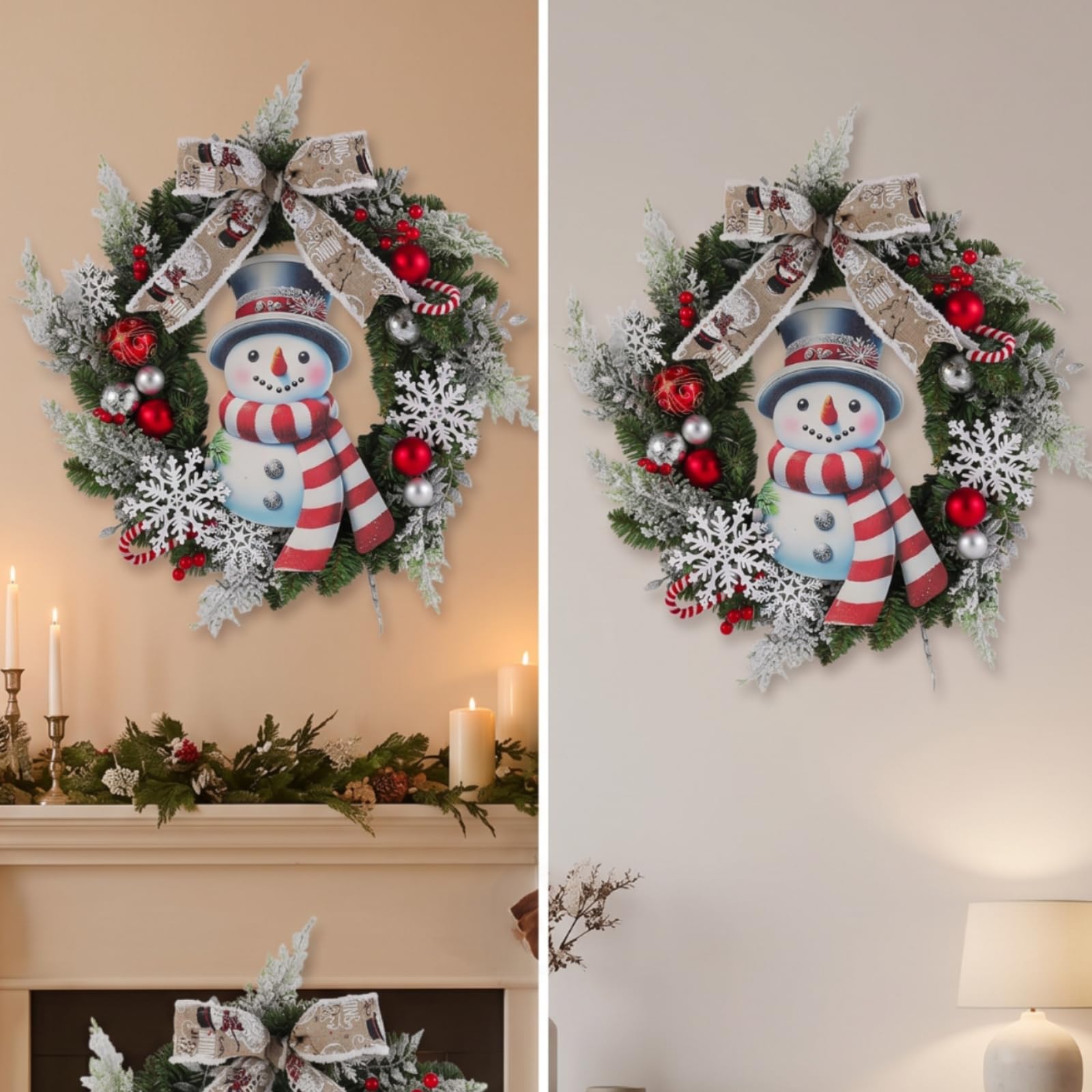 MERIGLARE Couronne de Noël Couronne Décorative Guirlande Ornement Foyer avec Flocons Baies et Boules sur Base de Sapin en Plastique avec Nœud Jute Convient à Porte d'Entrée Cheminée Salon50cm
