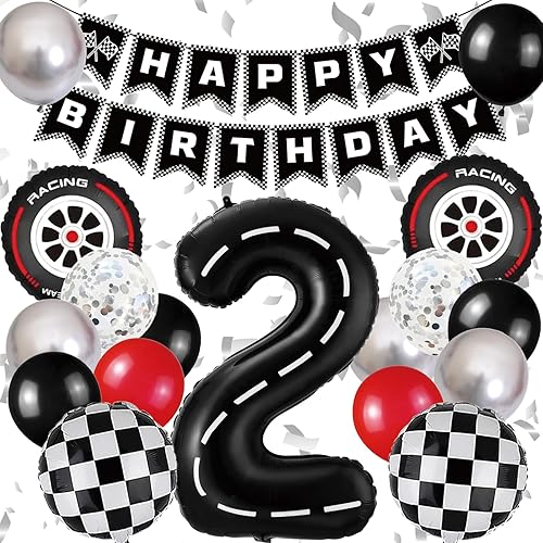 Conjunto de Decoraciones para Fiesta de Cumpleaños de Carreras de Coches, con Globo de Pista de Carreras de 40 Pulgadas Negro Número 2, Bandera de