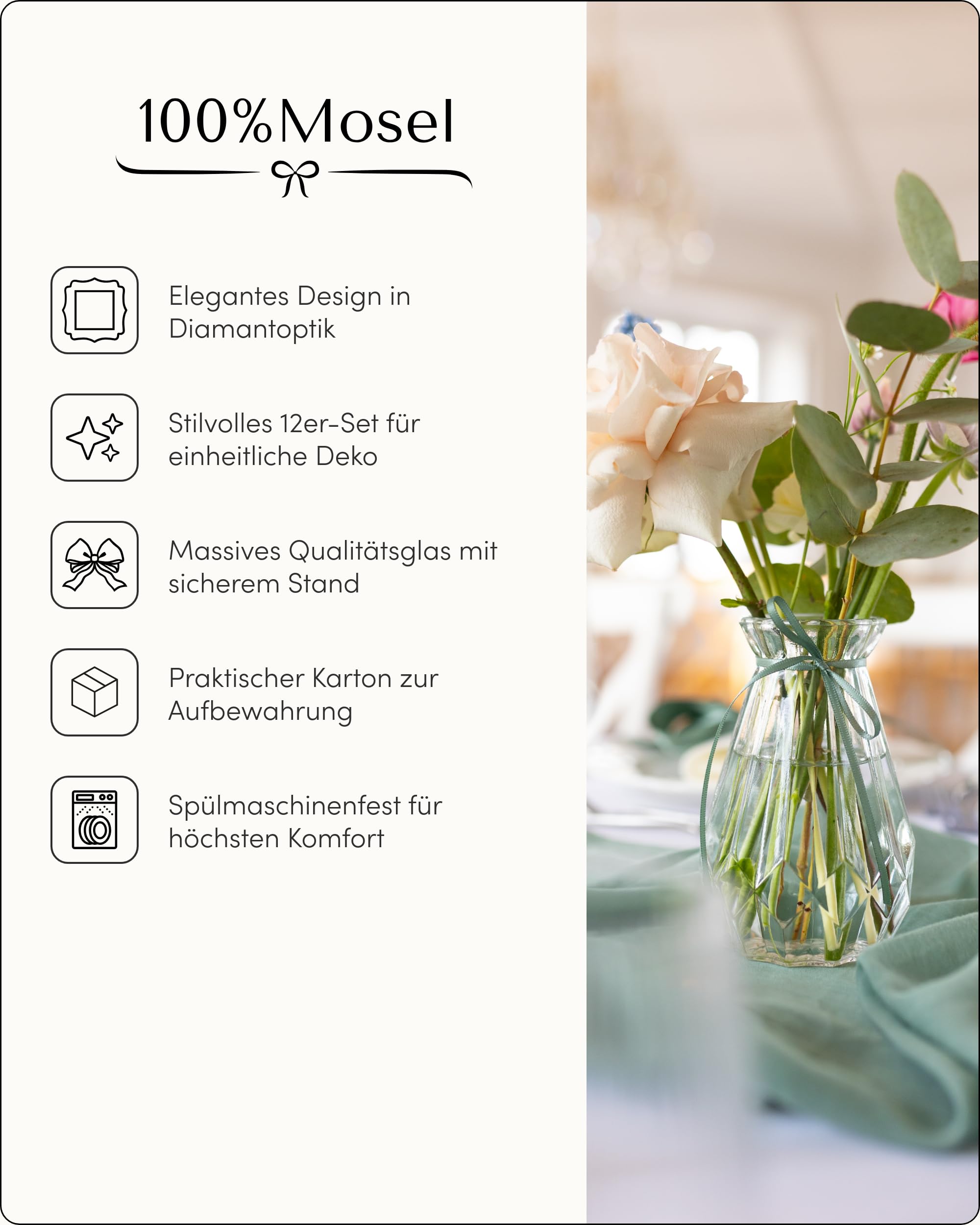 100% Mosel Glasvasen, 12 Stück (14,5 x 8,9 cm), Klarglas im Diamant Design | Tischvasen für Hochzeit, Taufe, Kommunion, Konfirmation & Geburtstage