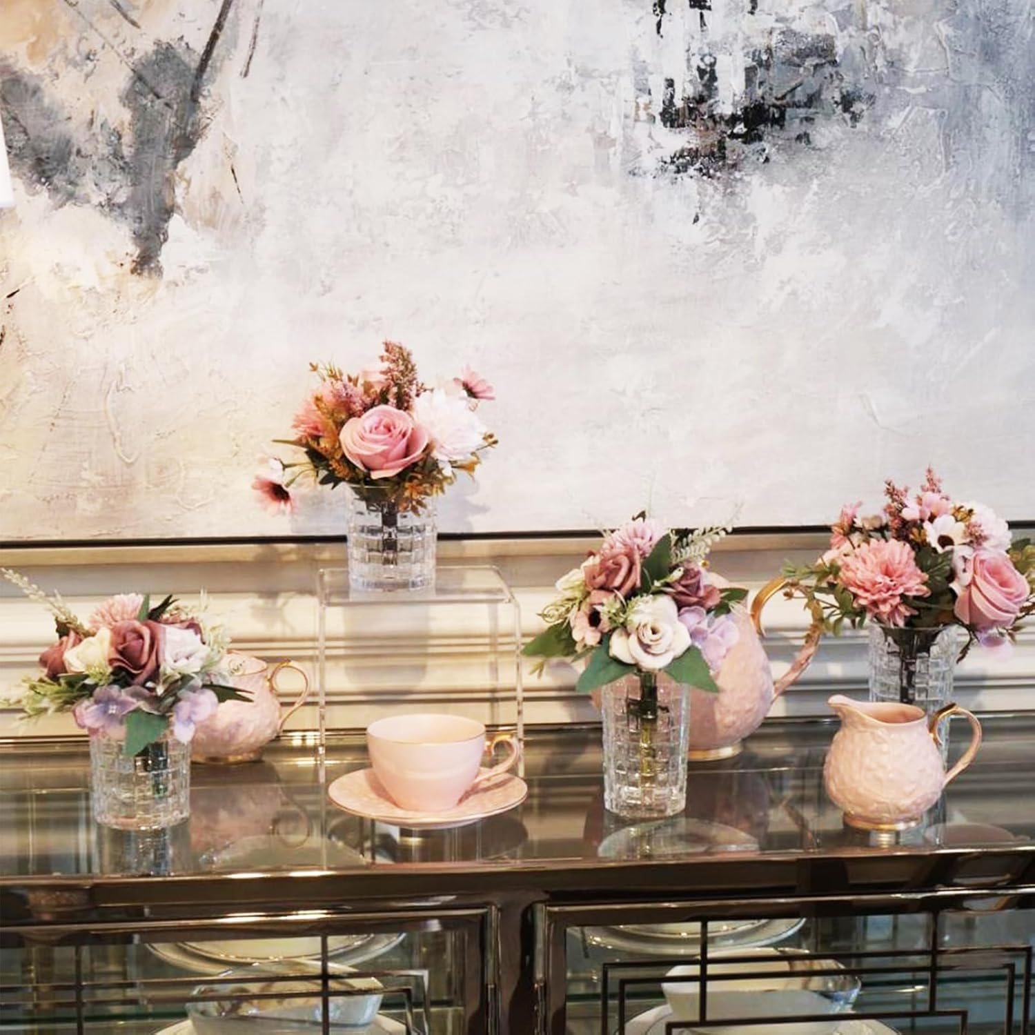 Faux Flowers with Vase Artificial Silk Roses in Vase Fake Plant Eucalyptus Flower Arrangement for Home Office Farmhouse Bathroom Dining Table Centerpiece Decorations (Purple&Pink(Tall Vase)