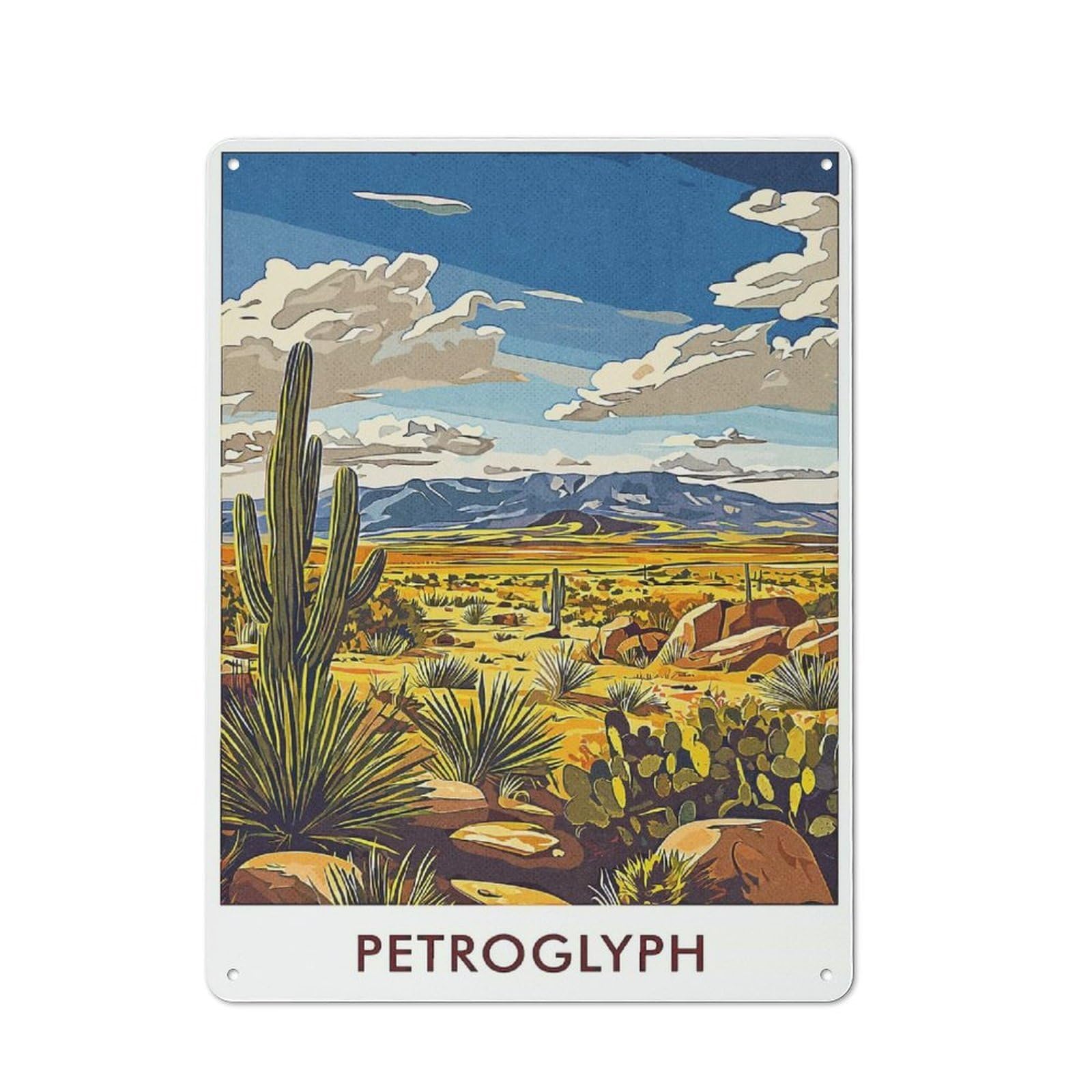 Junmoney Style-19 Tin Wall Plaque 40X30cm With Desert Landscape With Cactus For Garage Wall, With Clear Vintage Wall Decor Character