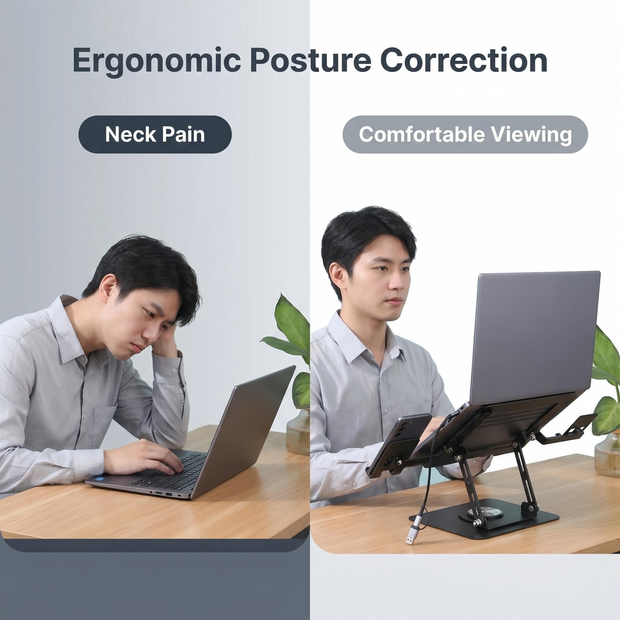 Supporto ergonomico per portatile con hub USB e supporto per cellulare, girevole a 360°, in metallo, regolabile, per ufficio e casa
