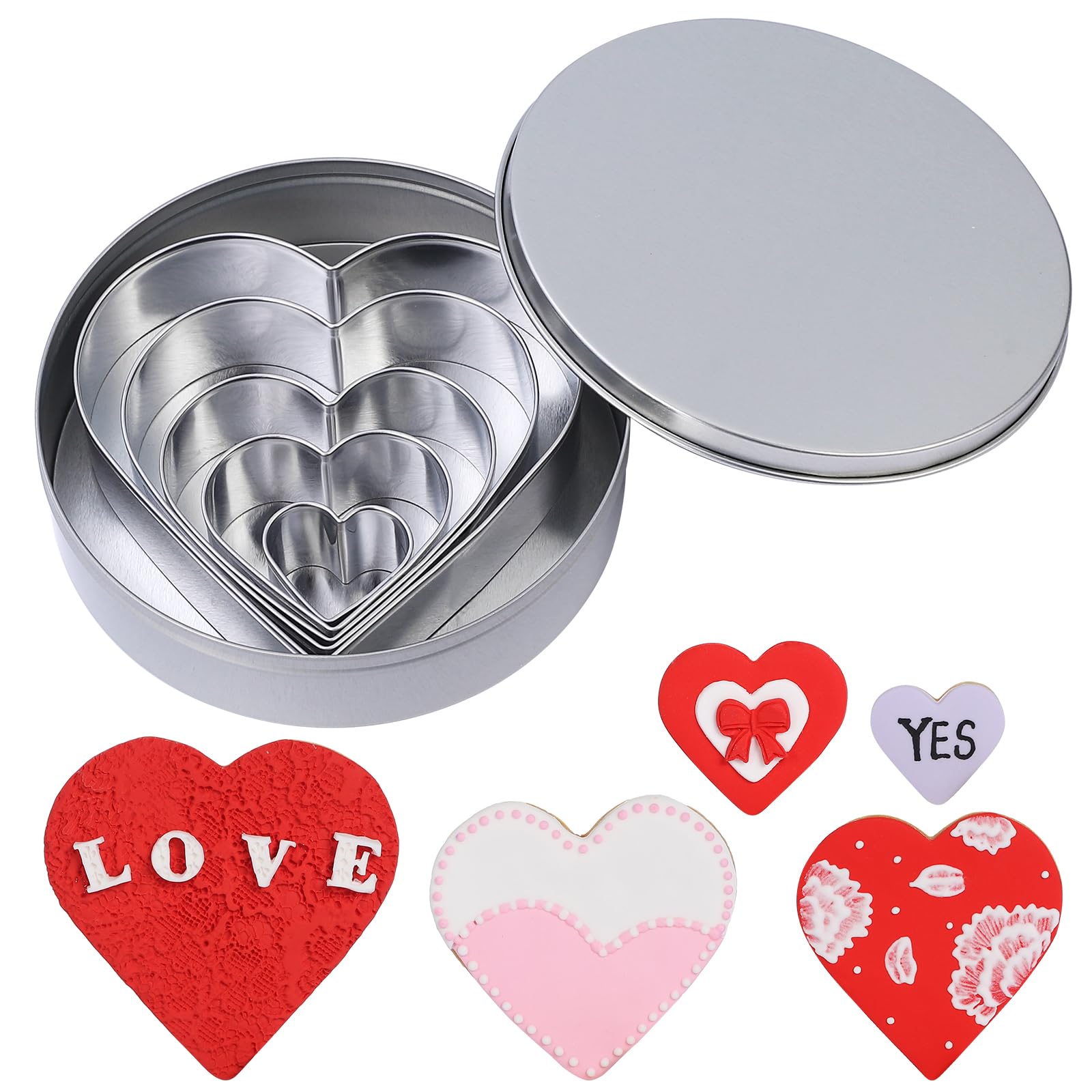 Juego de 5 cortadores de galletas en forma de corazón para el día de San Valentín, vacaciones, fiesta de cumpleaños, acero inoxidable (4.2 pulgadas, 3.4 pulgadas, 2.65 pulgadas, 1.97 pulgadas, 1.2