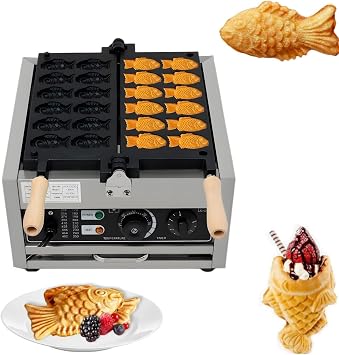 1800W Commercial Taiyaki Fish Waffle Maker Machine, 12pcs Non-stick Electric Japanese Fish Shaped Waffle Cones with 122-572F Adjuatable Temp & 0-5 Minutes Timer, Waffle Iron for Restaurant