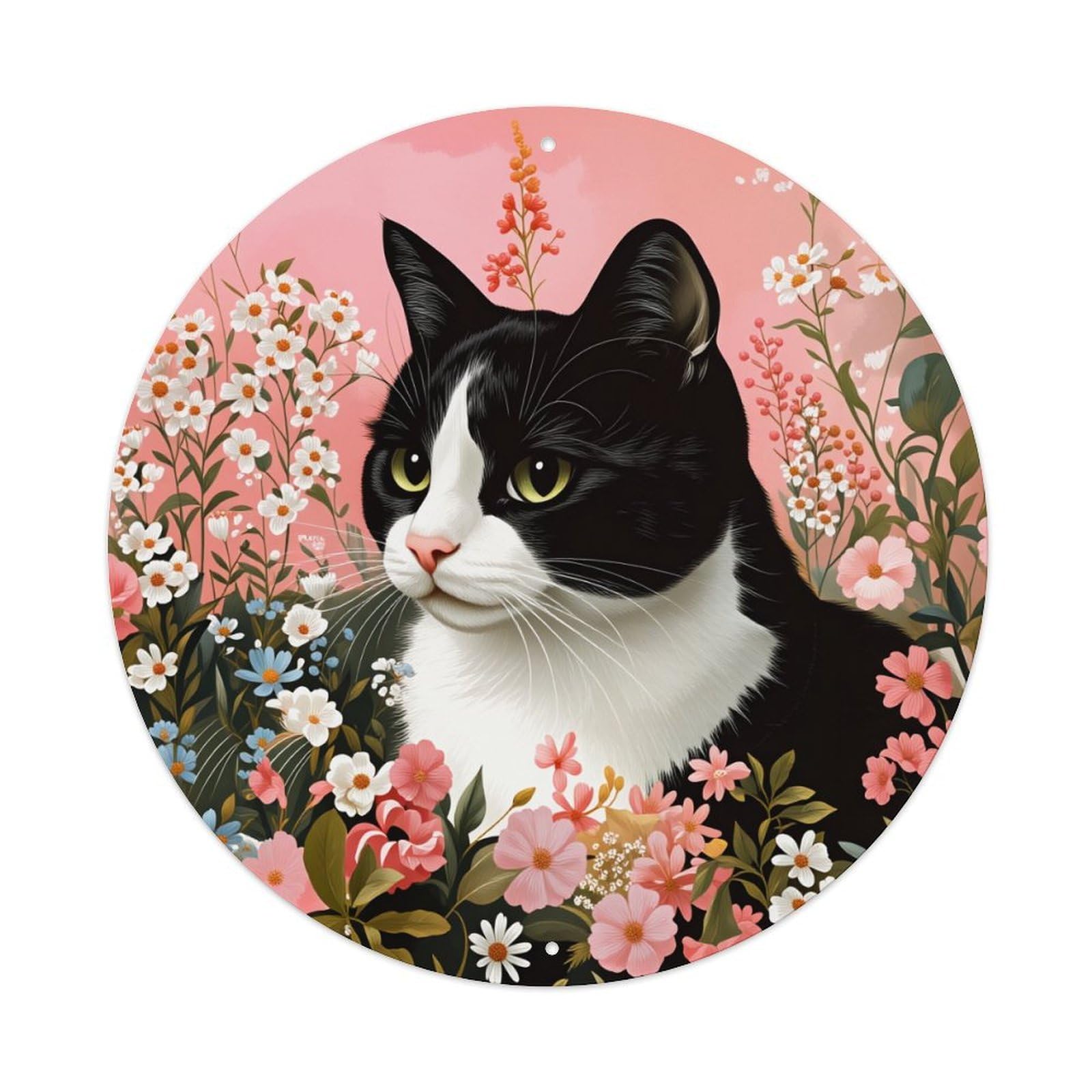 Black And White Cat With Flowers Background Round Vintage Tin Sign,Retro Wall Art,Metal Poster for Home, Bar, Garage, Cafe, Rustic Indoor & Outdoor Decor, 8x8 Inches
