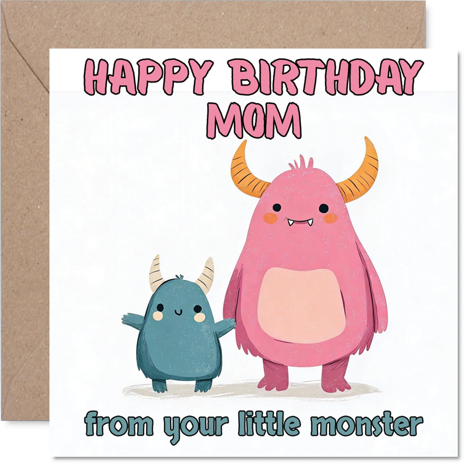 Playful Birthday Card for Mom - from Your Little Monster - Cute Cartoon Monsters in Pink and Blue - A Cheeky Way to Show Mum She's Loved - 145mm Square, Envelope Included
