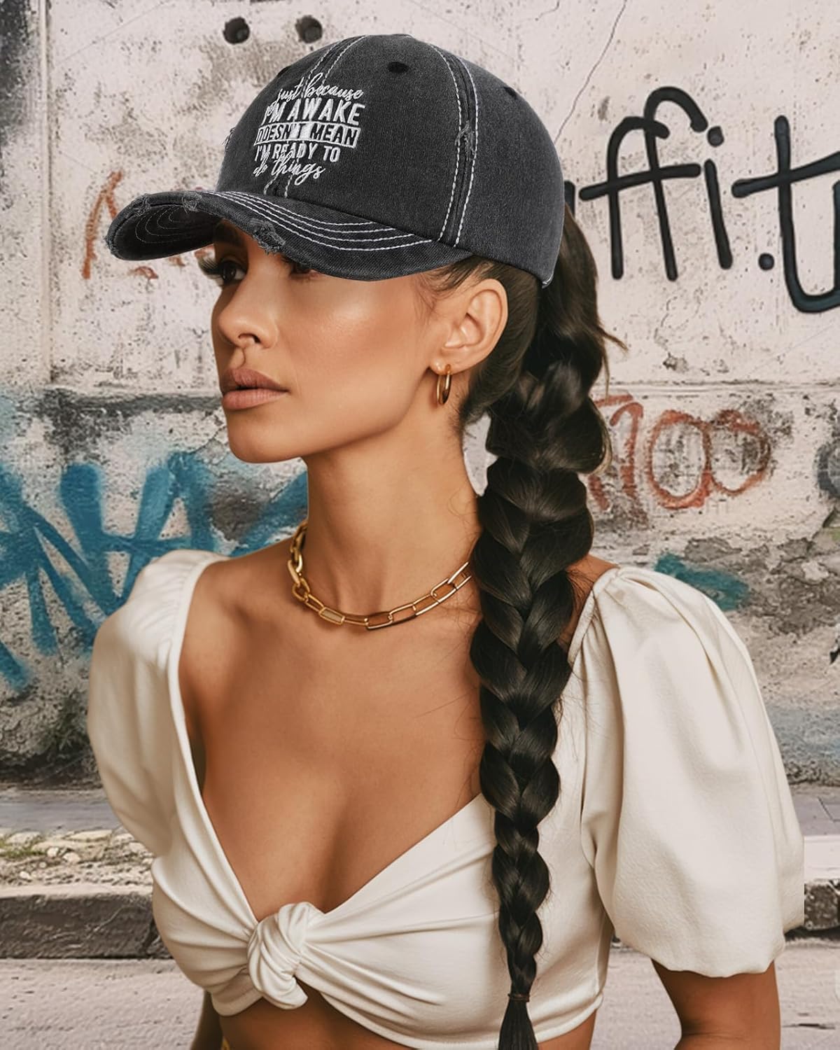 Flafens Women Pony Hats High Ponytail Baseball Caps - Cotton Vintage Washed Distressed Adjustable Criss Cross Trucker Hat - Image 3