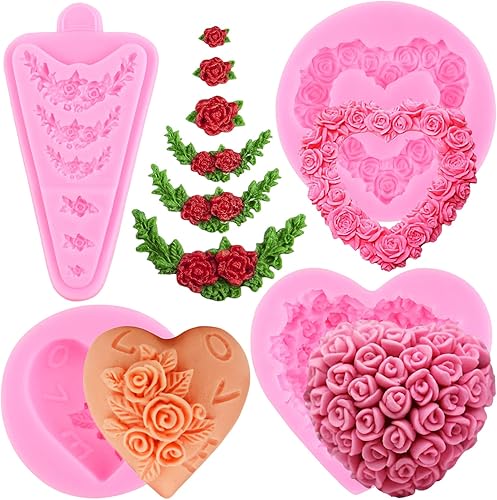 MYPRACS Moldes de silicona de flores de rosas 3D, moldes de fondo para el día de San Valentín, moldes de pastel de fondant de boda, corona de