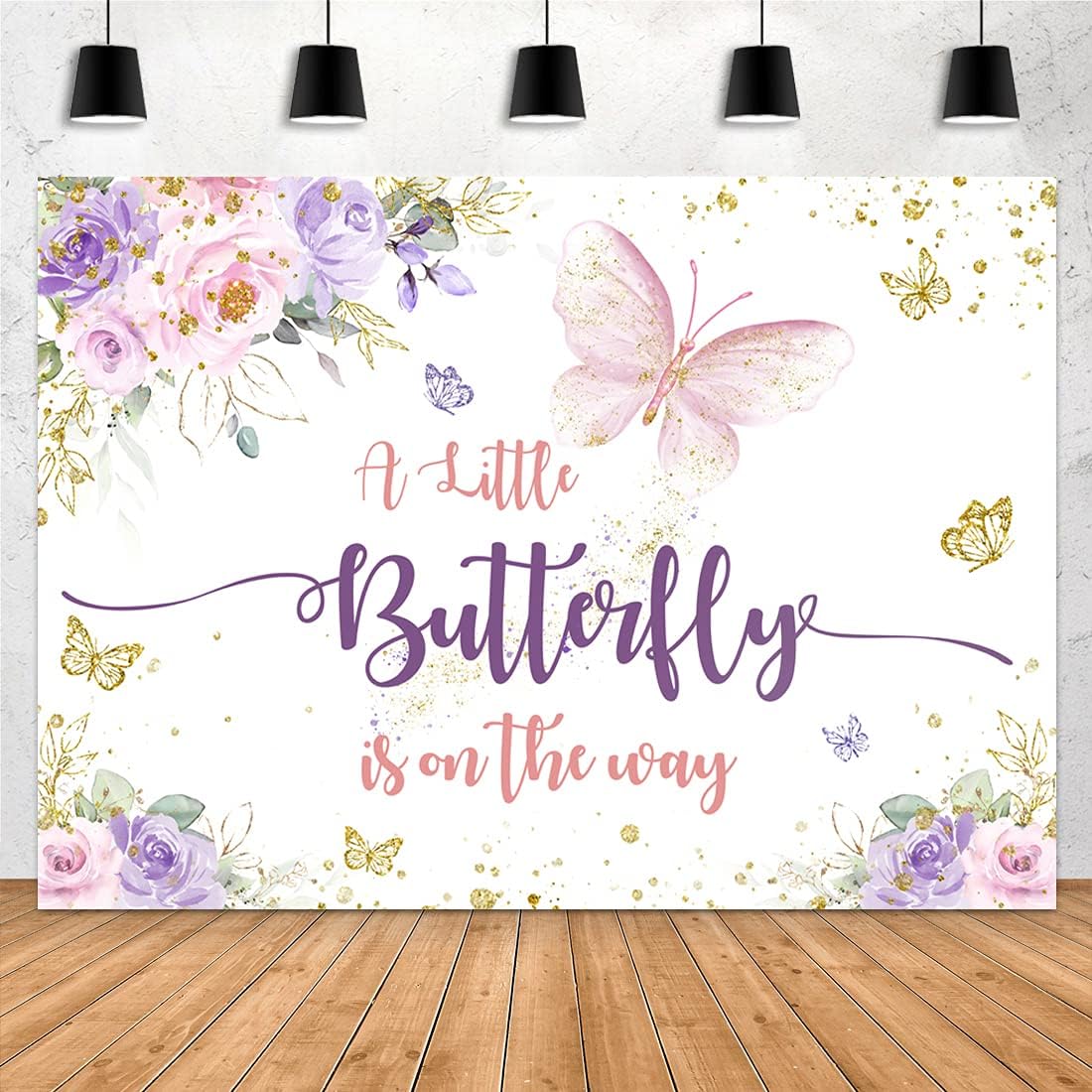 Aperturee 7x5ft Butterfly Baby Shower Backdrop A Little Butterfly is on The Way Photo Purple and Pink Floral Gold Spots Flowers Photography Background Princess Girl Party Decoration Banner Photo Booth
