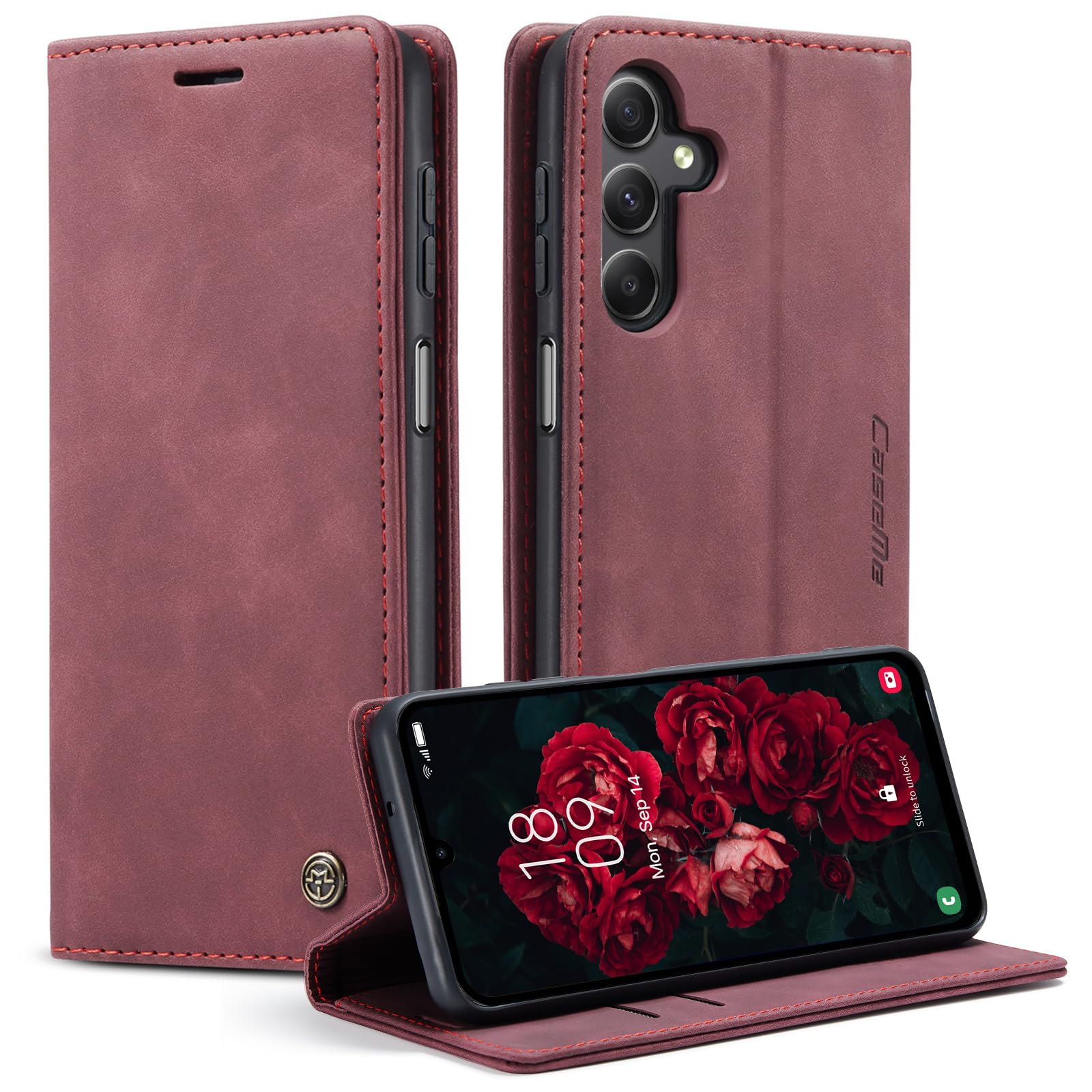 Monweicz Cover Compatibile con Samsung Galaxy A14, Custodia Portafoglio con Slot per Scheda, Protezione Completa Premium in Pelle PU, Flip Libro Magnetica Samsung Galaxy A14, Vino Rosso