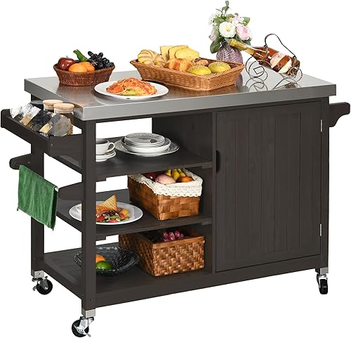 YITAHOME Armario de almacenamiento XL para exteriores, mesa de patio versátil de madera maciza con parte superior de acero inoxidable, estante para