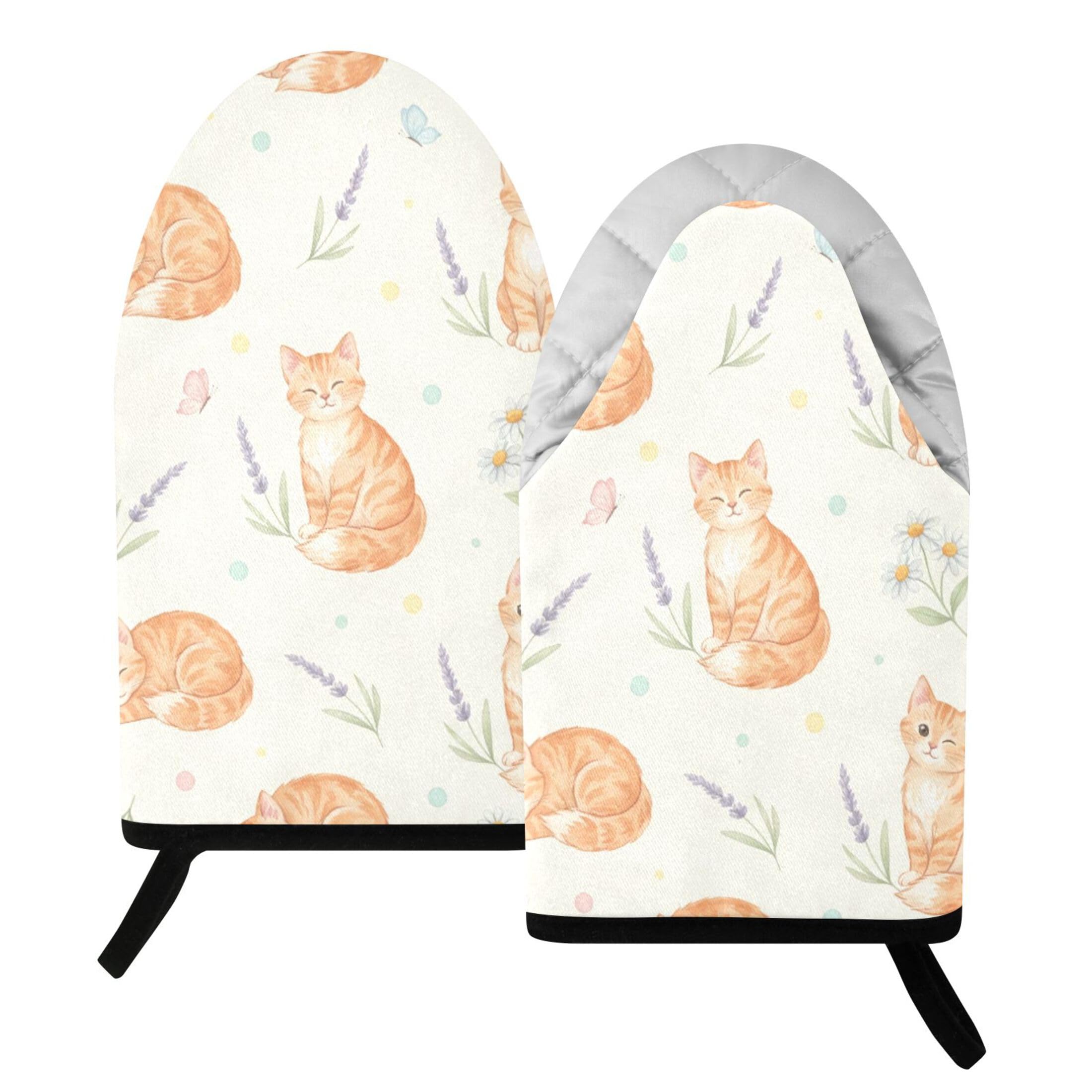 Fuauuyl Oven Mitts Heat Resistant Kitchen Gloves, Cats Lavenders Classic Oven Gloves with Hanging Loop for Baking BBQ Cooking Grilling, 1 Pair, 9.5 in
