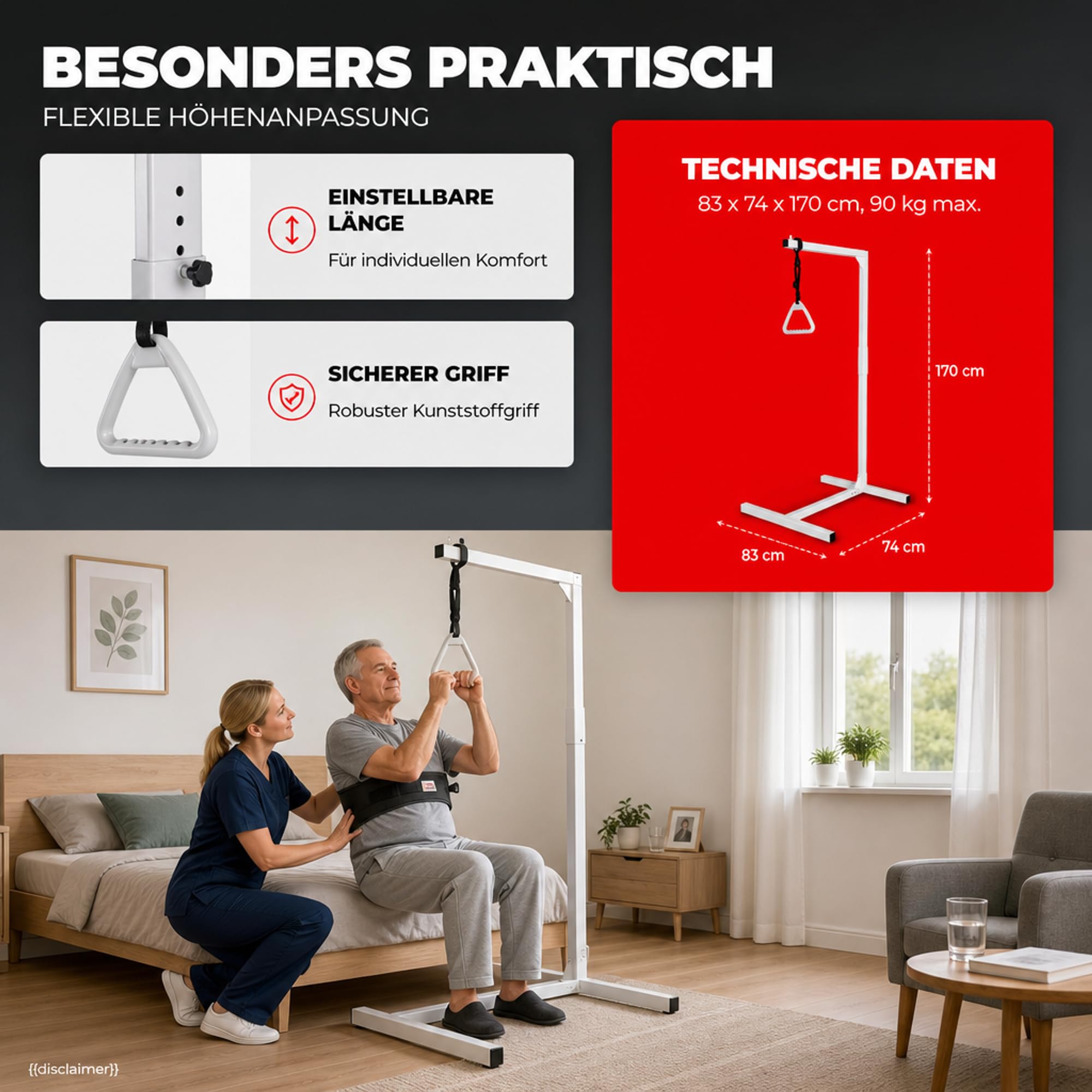 ATC Handels GmbH Elevador de cama, fuelle de cama, ayuda para levantarse – Altura 170 cm – Carga máxima aprox. 90 kg – Altura y longitud ajustable al levantarse
