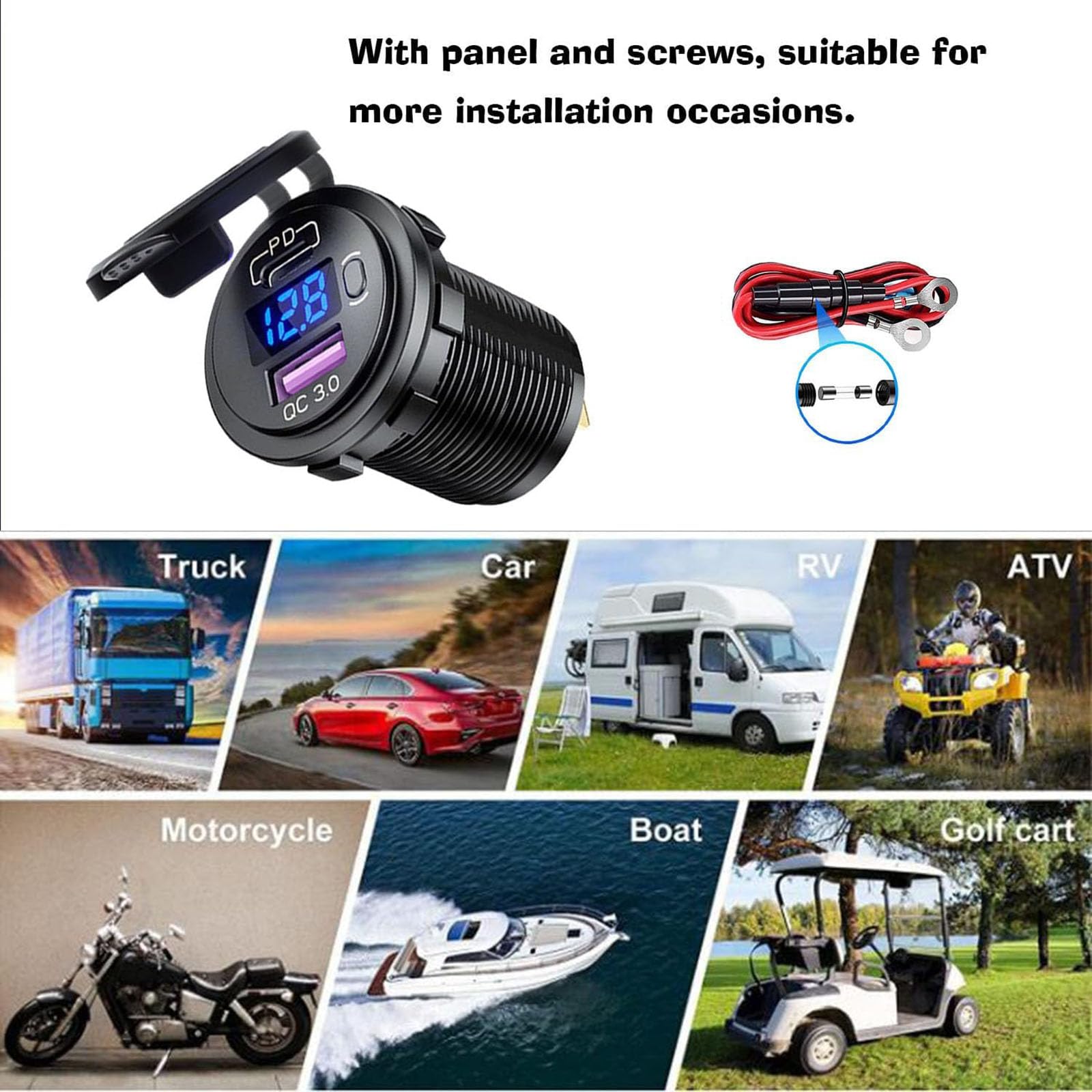 USB Car Socket Caricatore di Ricarica Veloce QC3.0 + PD3.0 Porte di Ricarica con Interruttore per Veicoli 12V/24V Auto Barca Moto SUV Bus Truck Caravan Marine