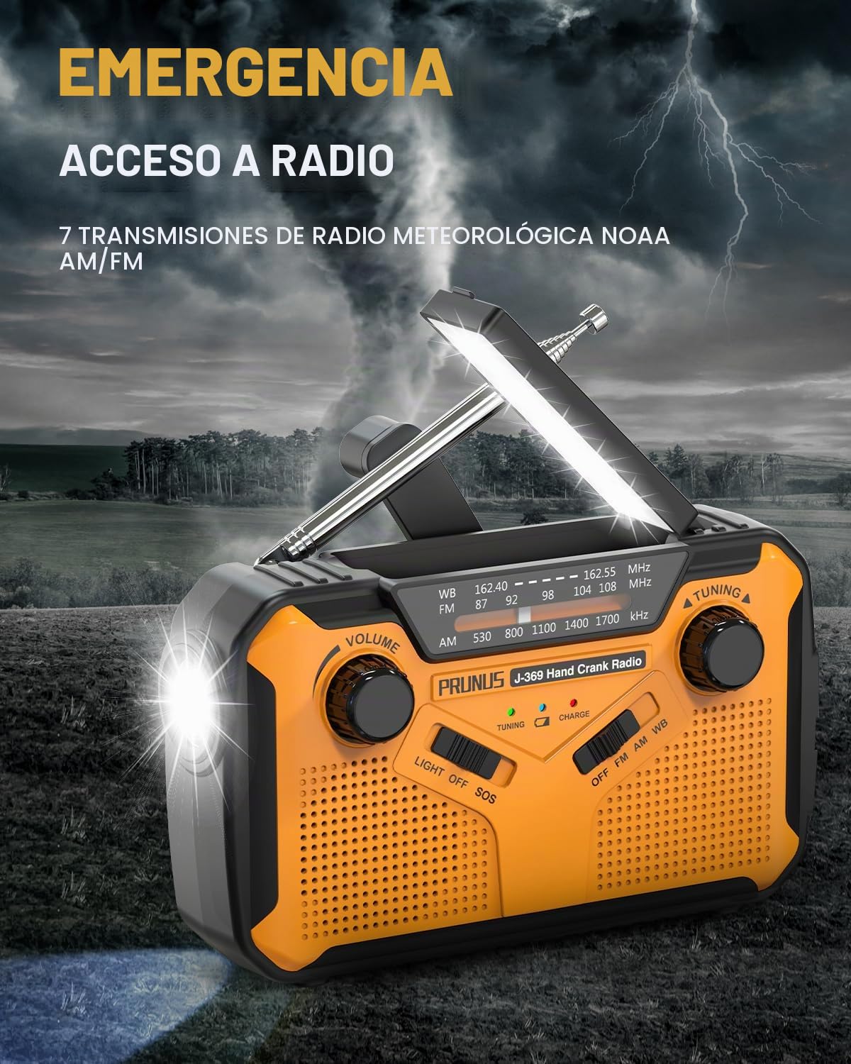PRUNUS J-369 - Radio meteorológica de emergencia de 11100 mWh, baterías AA, manivela, solar, carga USB, NOAA/AM/FM, linterna LED y lámpara de lectura, alarma SOS y linterna portátil