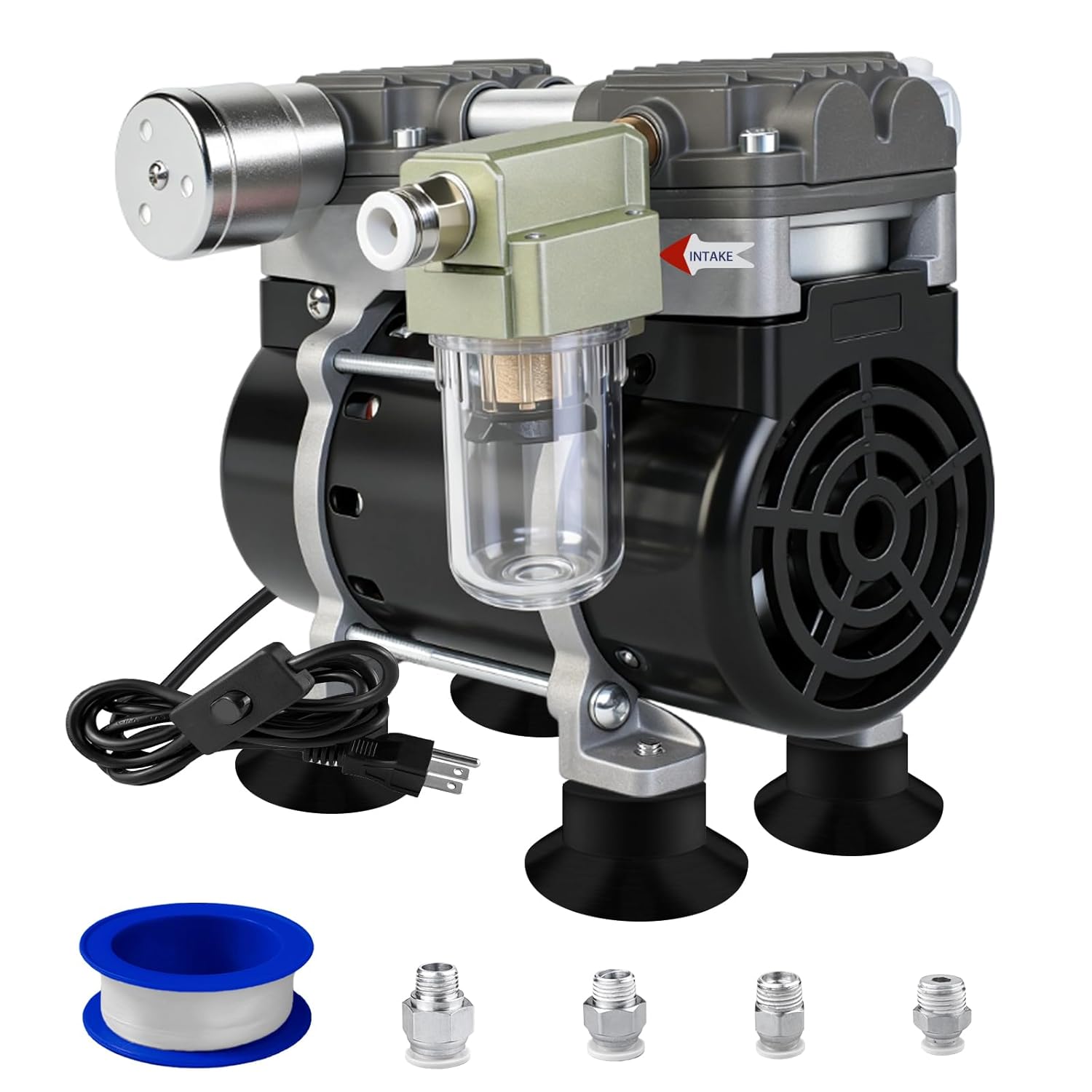 VerRich 50L/Min Lab Vacuum Pump Oilless Mute Pump-90Kpa Air Pump Oil Free Diaphragm with Vacuum Meter & Silencer, Low Noise & High Vacuum Degree,Include PTFE Tape & 6/8/10/12mm Quick Connector