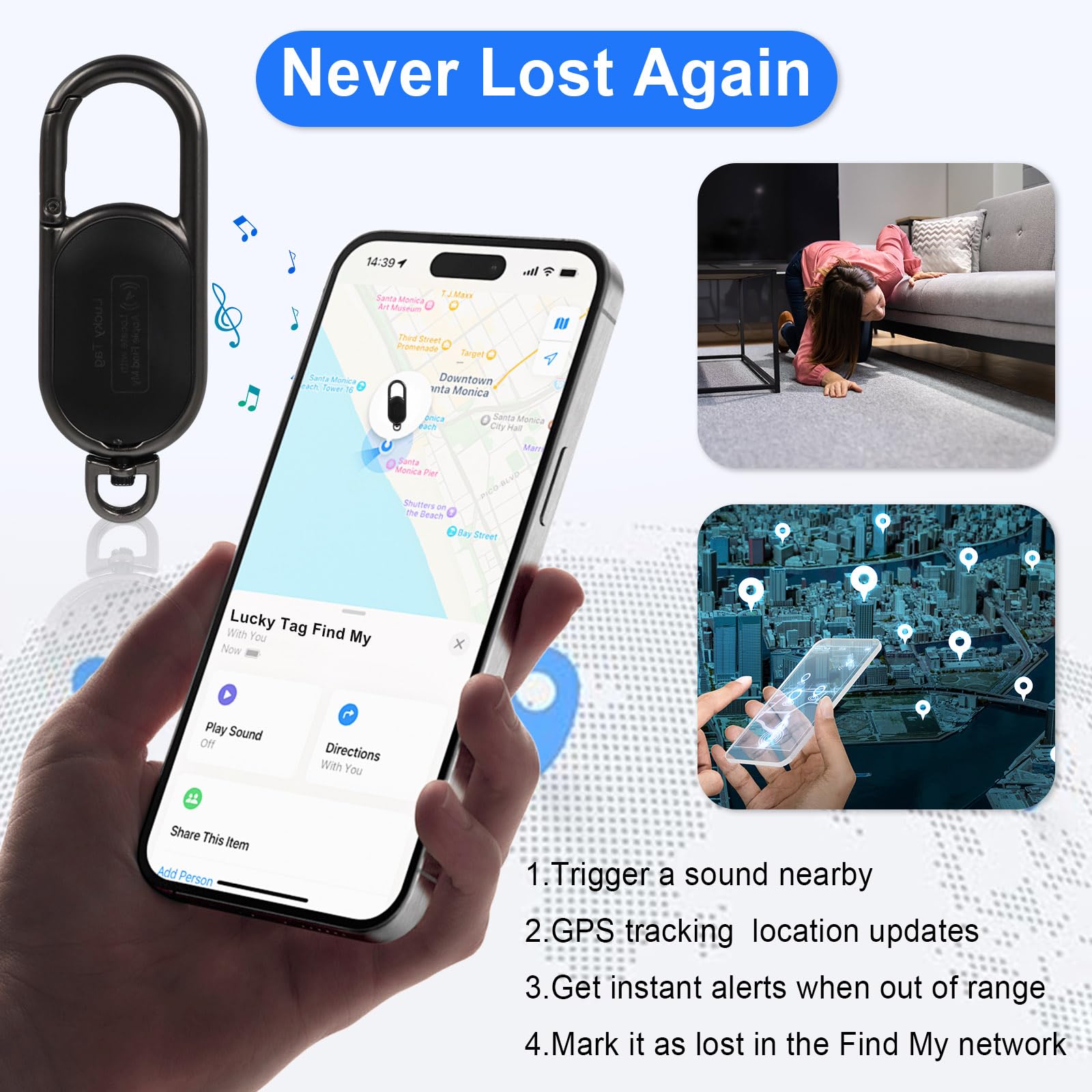 Portachiavi GPS Tracker – Apple Find My Compatible, allarme sonoro e monitoraggio globale per la prevenzione dell'oblio, nero