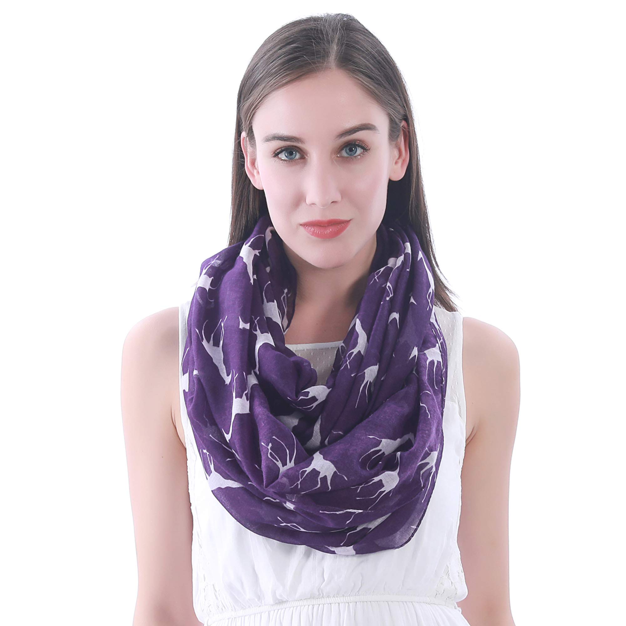Lina & Lily Giraffe Animal Print Women's Infinity Scarf Snood Lightweight (Purple & White)
