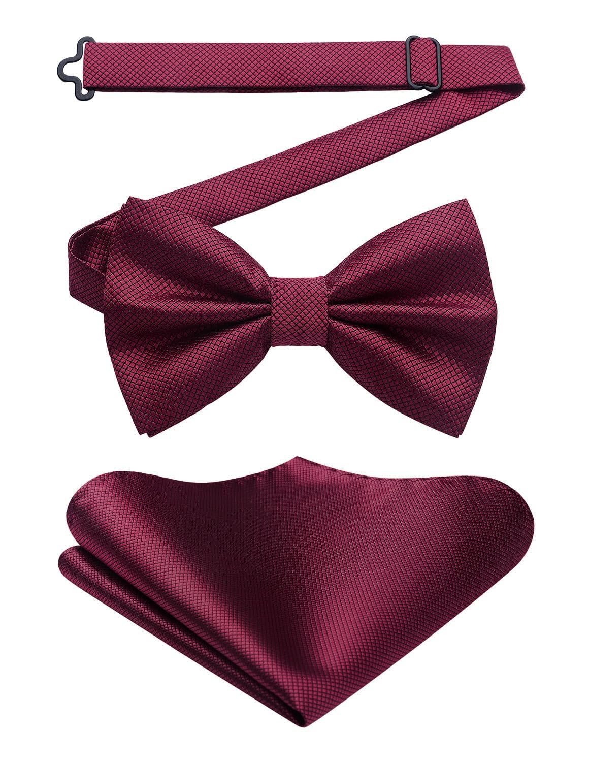 HISDERN Fliege mit Einstecktuch fur Herren Einfarbig Einstellbar Smoking Fliege fur Hochzeit, Party Burgund