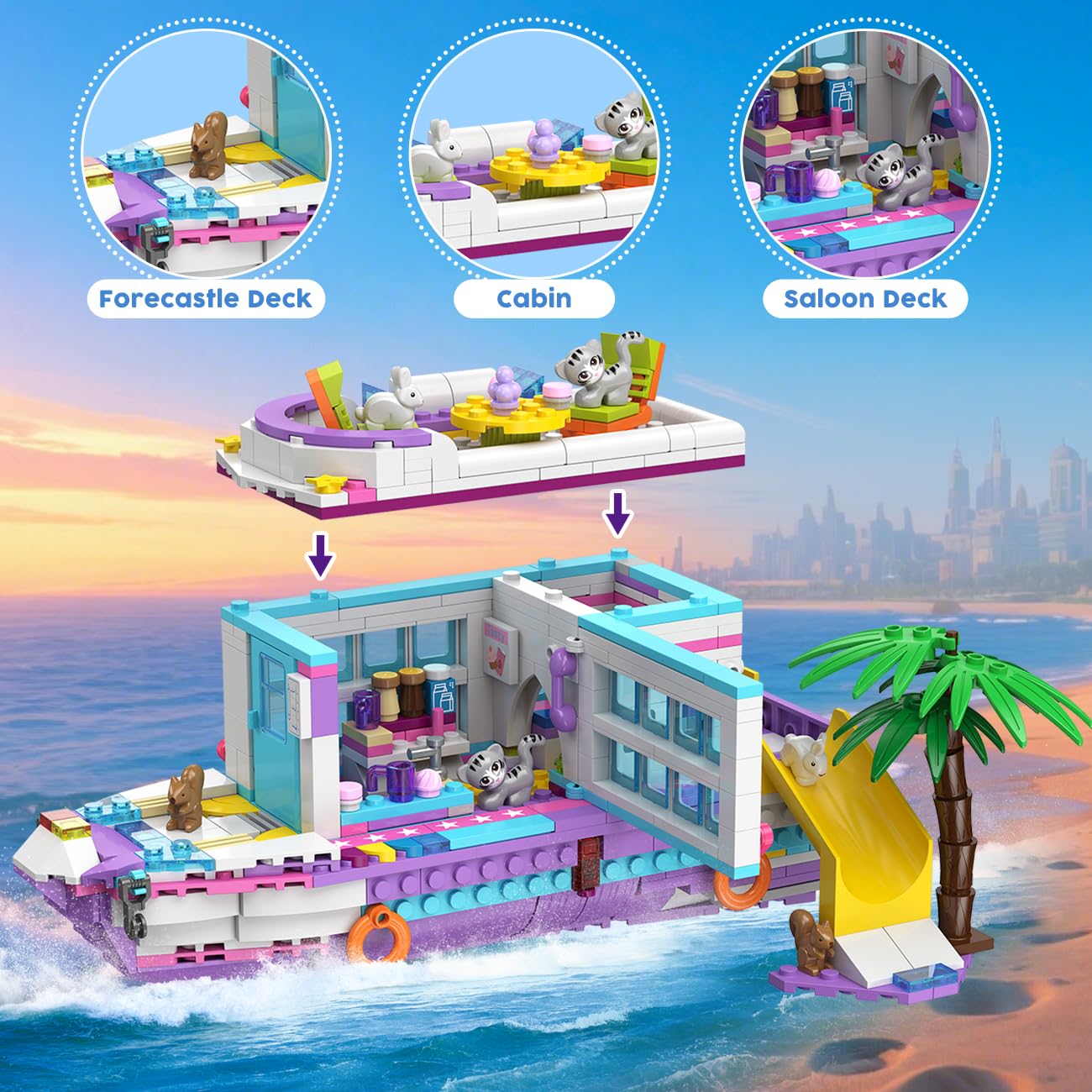 HOGOKIDS - 3 en 1 Friends Juego de construcción de Aviones - 808 Piezas de Bloques de Construcción de avión/Barco/Caravana con 6 minianimales, Tobogán y Pegatinas, Regalos para para niños y niñas