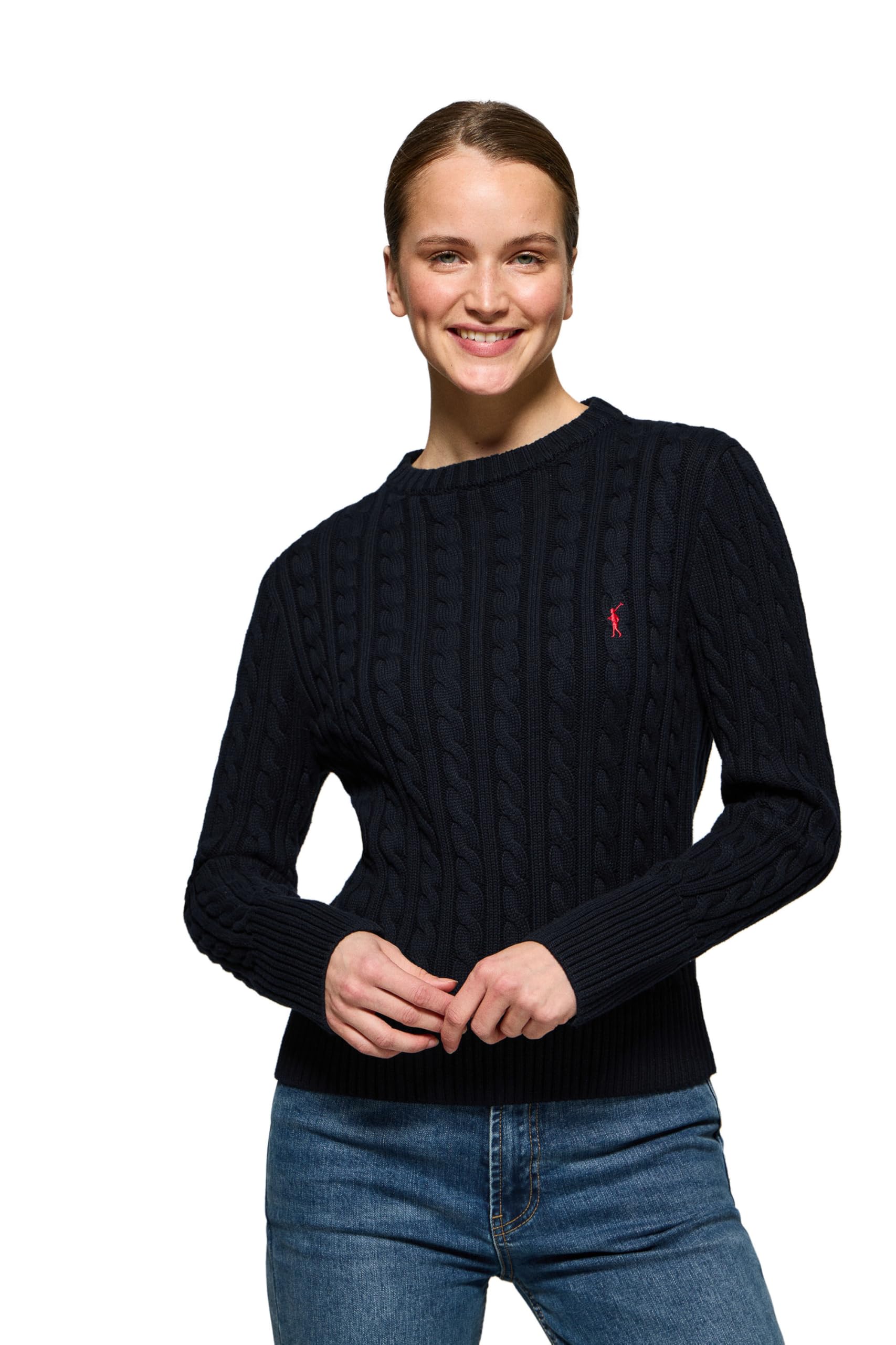 Polo Club Pull en Maille Torsadée pour Femme avec Col Rond et Broderie 100% Coton