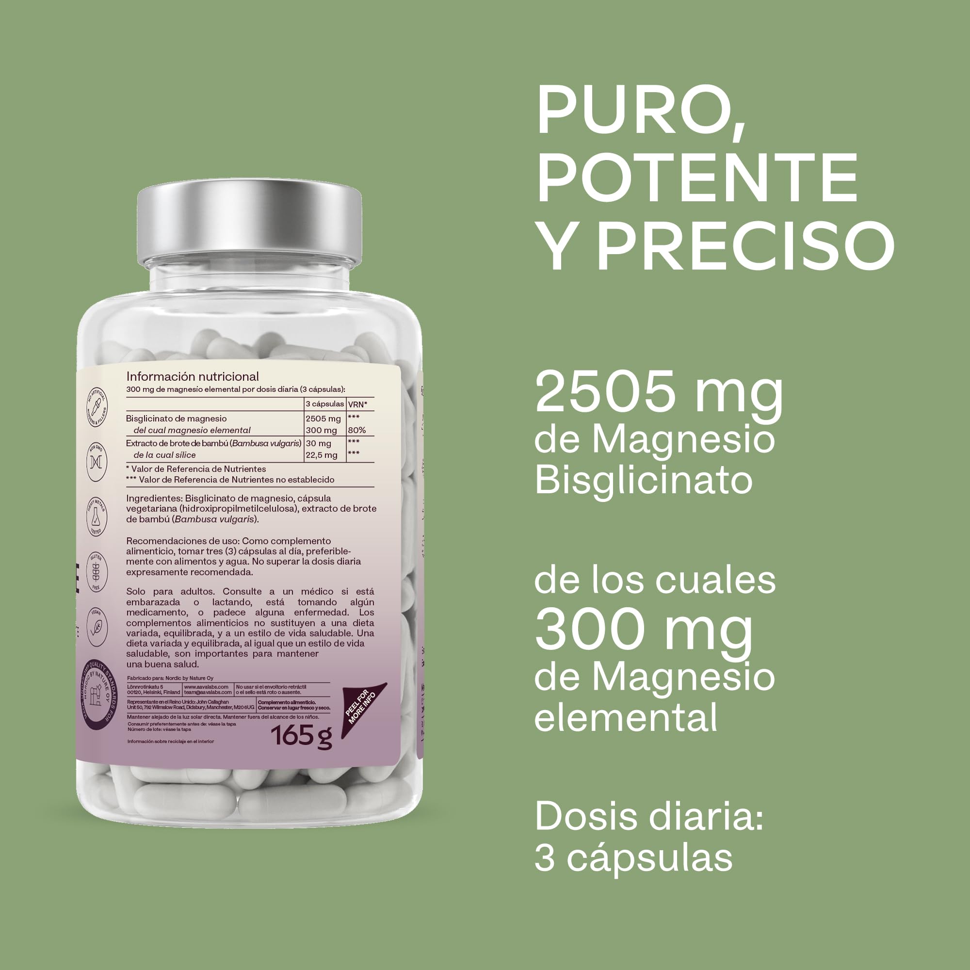 Bisglicinato de Magnesio Quelado – Magnesio Bisglicinato de Alta Biodisponibilidad y Absorción – 180 Glicinato de Magnesium cápsulas - Vegano