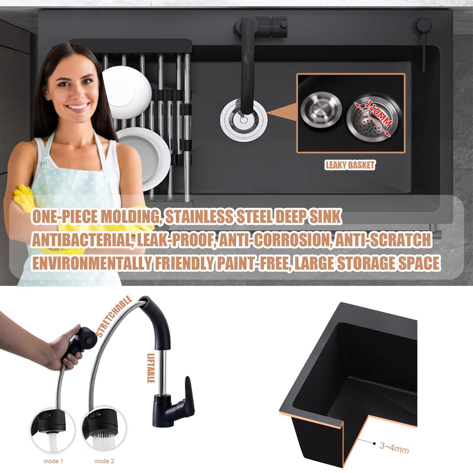 Lavandino portatile da campeggio con filtro di scarico e rubinetto, ideale per cucina all'aperto, garage, ristorante e lavanderia