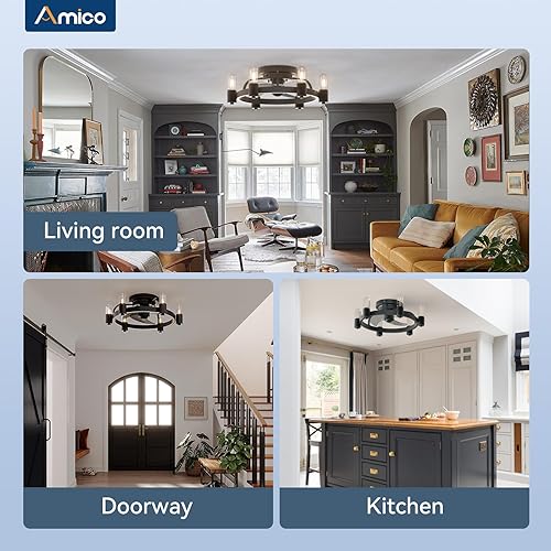 Miniatura 9 de Amico Ventiladores de techo con luces, ventilador de techo de perfil bajo con luz y control remoto, montaje empotrado de 20 pulgadas, 6 velocidades,