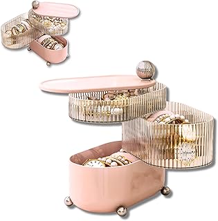 منظم لتخزين المجوهرات ومستحضرات التجميل يدور 360 درجة، 3 مستويات متعددة الأقسام، لمستحضرات التجميل واحمر الشفاه وفرش المكياج، منظم مجوهرات لسطح الطاولة من كريبس، (على شكل كرة وردية) بلاستيك