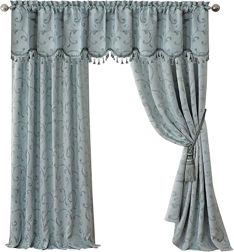 Elrene Home Fashions cenefa de ventana de Damasco con borlas, 52 pulgadas de ancho x 19 pulgadas de largo, azul (1 cenefa)