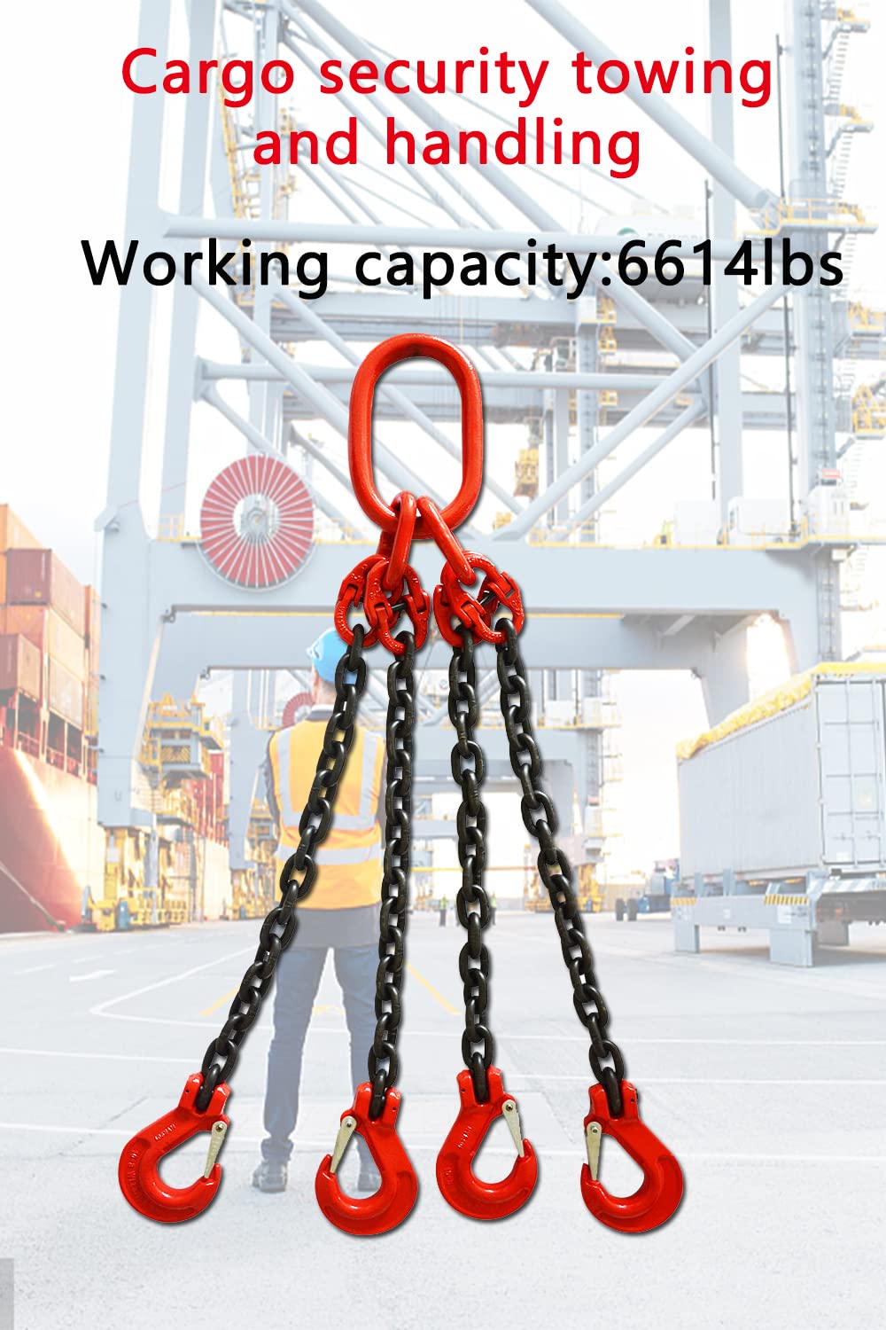Cinghia a catena da 6,2 cm x 1,5 m, 3000 kg, 4 gambe con ganci e regolatori, grado 80 in lega di acciaio, sollevatori a catena del motore, 3 tonnellate