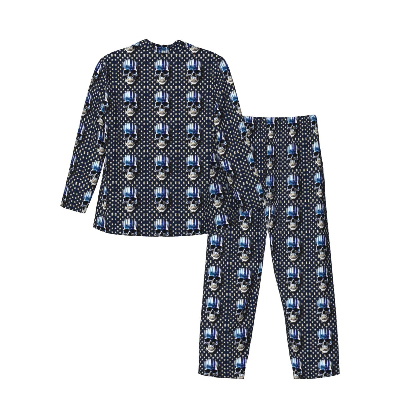 Herren-Pyjama-Set, langärmelig, gestreift, Sterne, Totenkopf, zweiteilig, bequem, Nachtwäsche