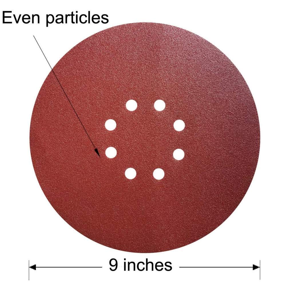 Discos de lijado de 8 agujeros de 9 pulgadas, 30 unidades, surtido de papel de lija de gancho y bucle, almohadillas para lijadora orbital, 5 unidades de cada grano 60 80 100 150 180 240,80