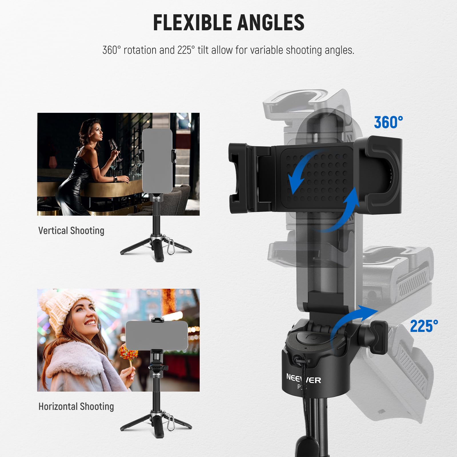 NEEWER Treppiede Selfie Stick per iPhone, Mini Cavalletto da Tavolo da Viaggio 360° Leggero Pieghevole con Portatelefono Cold Shoe per Video Vlog Streaming, Otturatore Remoto e Panno Pulizia, P15 Nero