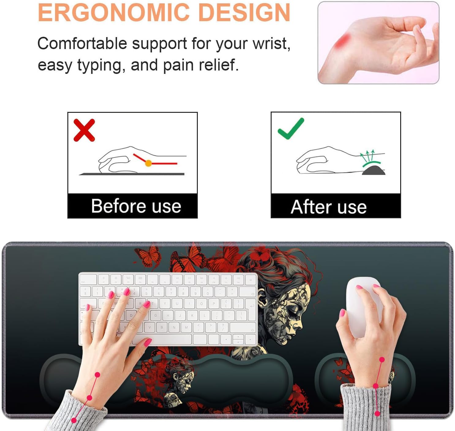 Ergonomic Keyboard Wrist Rest & Mouse Pad Wrist Rest Set, Large Gaming Desk Mat 31.5"x 11.8" with Non-Slip Base, Memory Foam, Easy Typing Pain Relief for Home & Office, Tattooed Girl and Red Butterfly