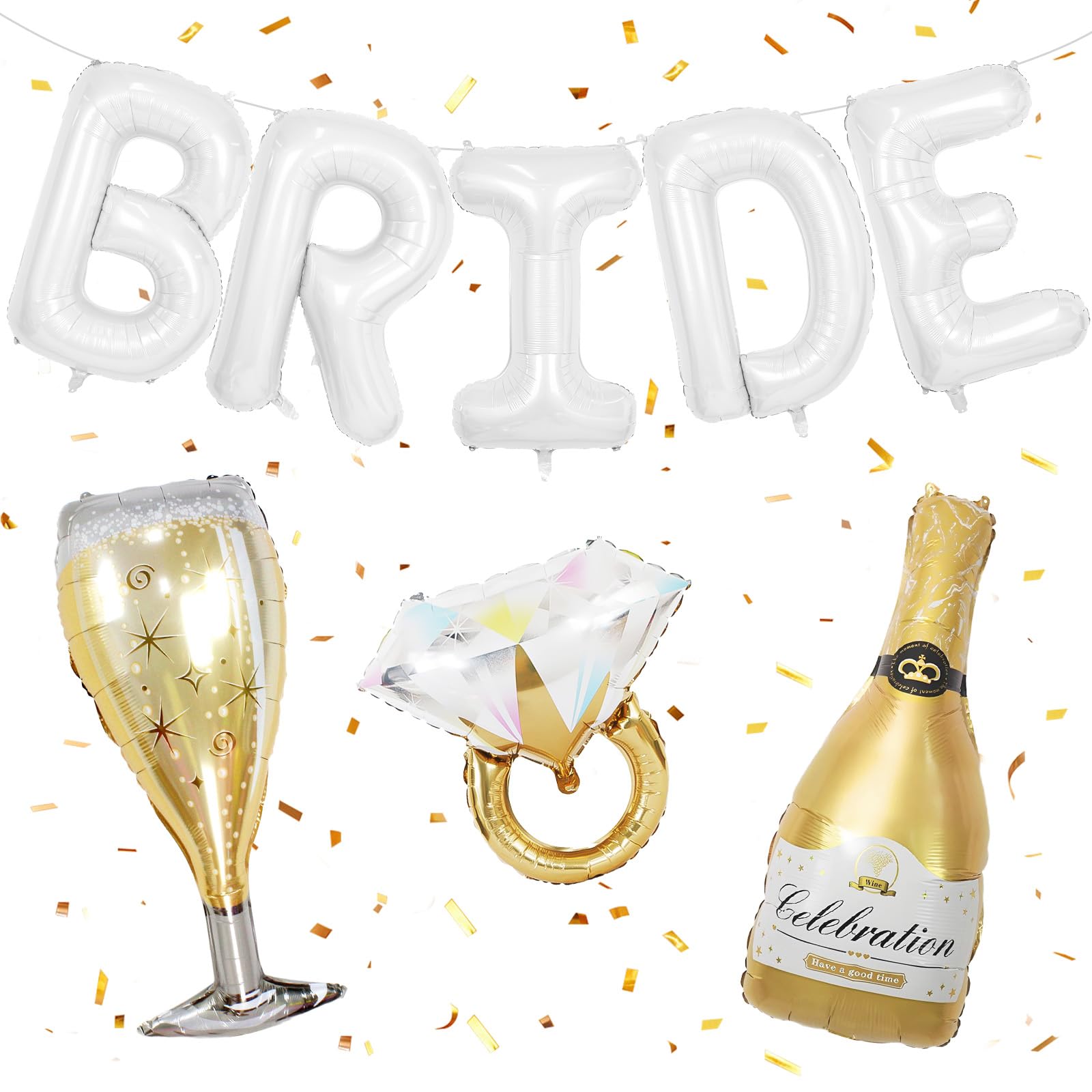 40inch Bride Balloons White Letters Banner, Bachelorette Party Decorations Set with Diamond Ring Champagne Bottle Balloon Glass Foil Balloon for Bachelorette Engagement Wedding Bridal Shower Decor