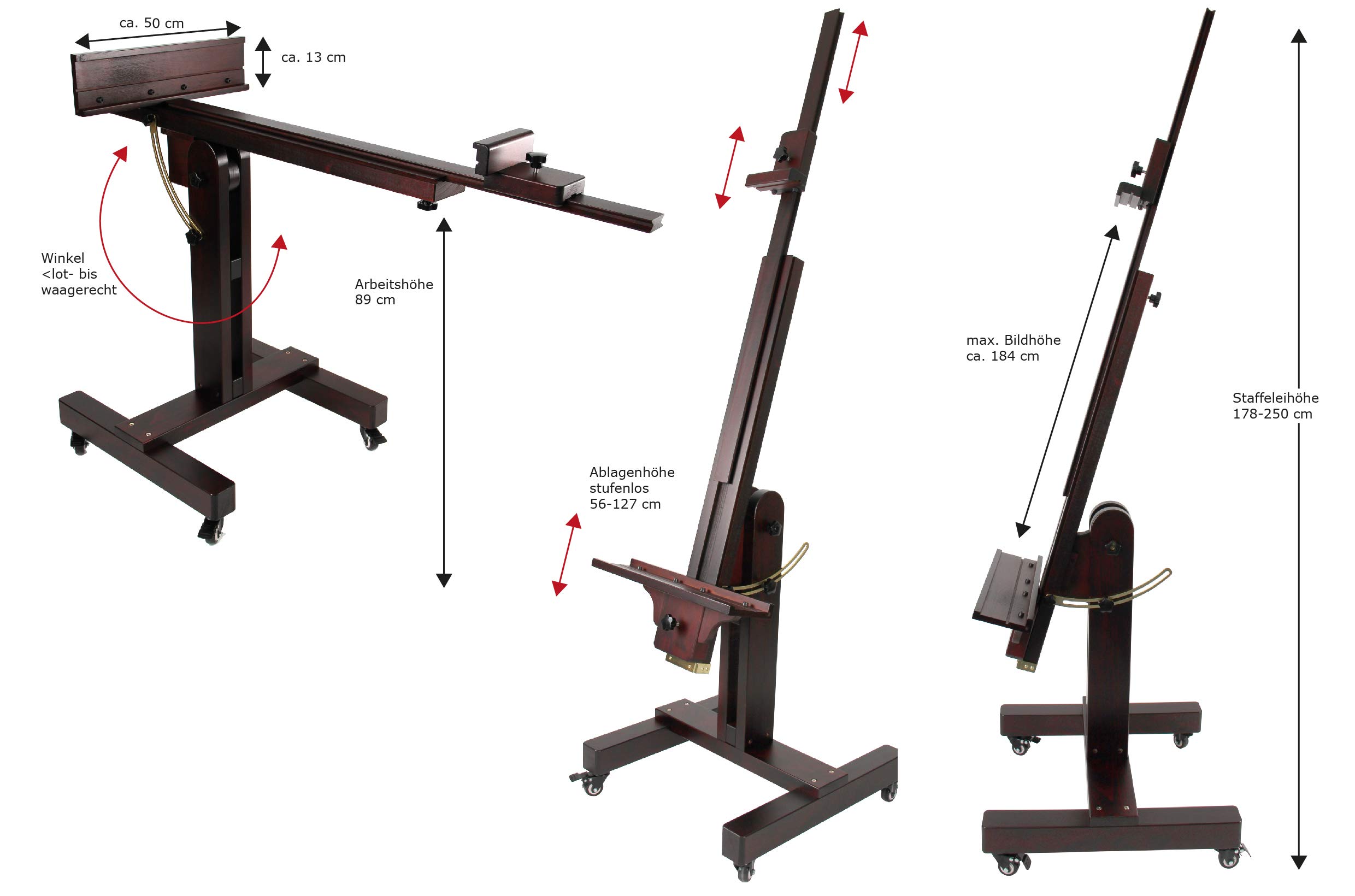 Paintersisters Atelier Staffelei Prag - Profi-Modell aus Buchenholz | Staffelei zum waagerecht- und senkrechten Malen, Keilrahmen bis 180 cm, höhenverstellbar, für Öl, Acryl, Akademie, Künstler