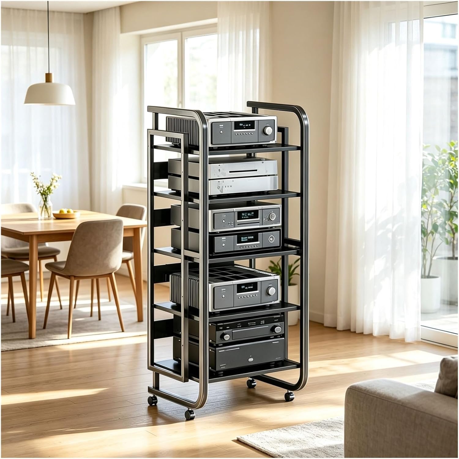 AV Media Tower Stereo Cabinet, Audio-Video Shelving Adjustable, 5-Tier Movable HiFi Rack, Stereo Stand for Living Room and Home Theater