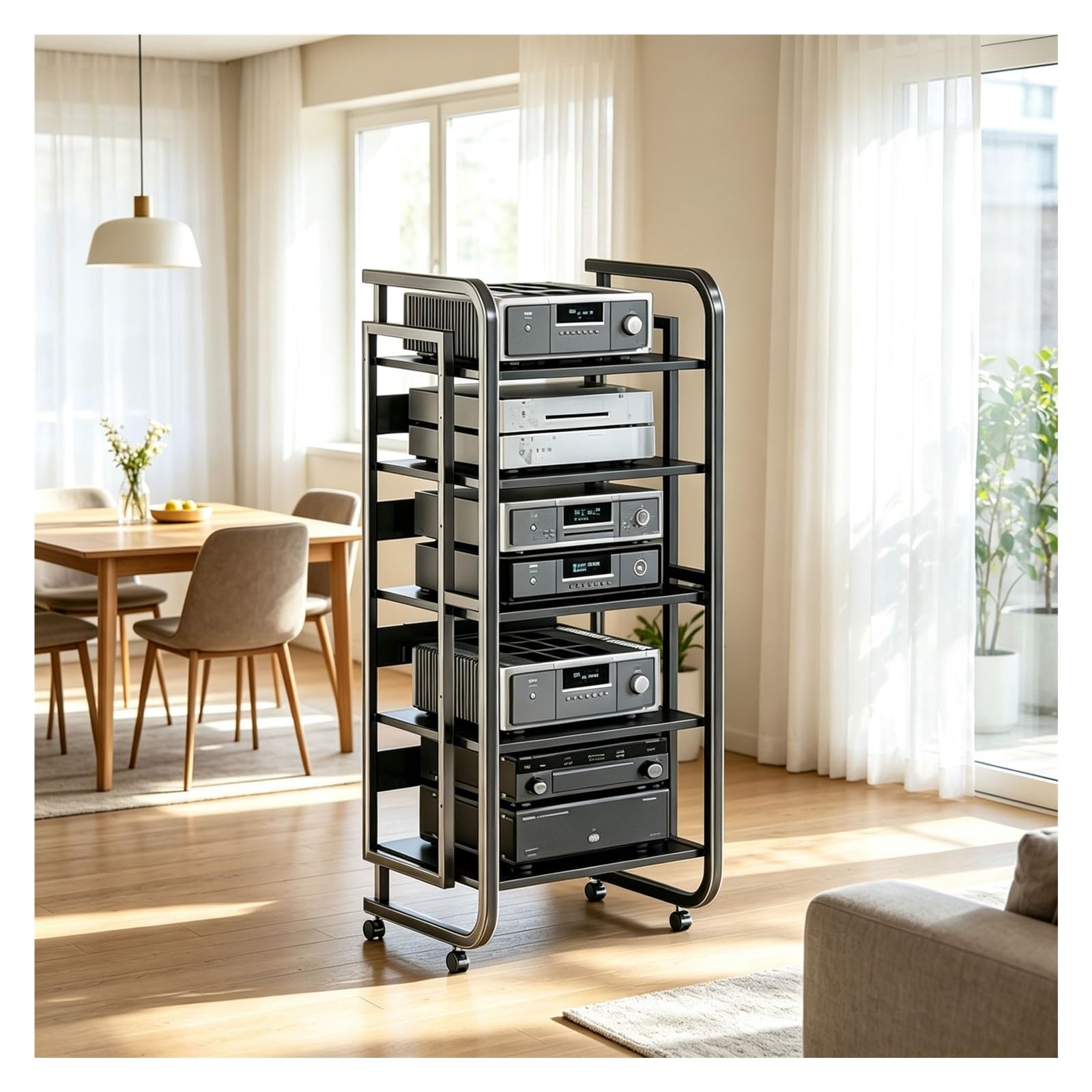 Szafka stereo do wieży multimedialnej AV, regulowana półka na sprzęt audio-wideo, 5-poziomowy, ruchomy stojak na sprzęt HiFi, stojak stereo do salonu i kina domowego